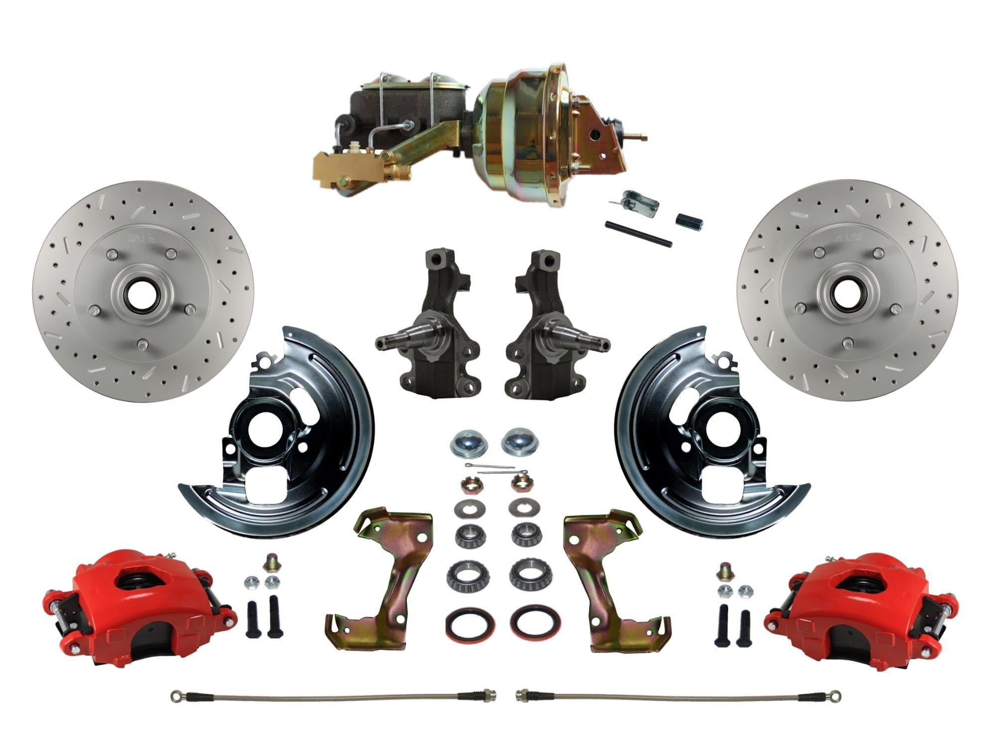 Power Front Disc Brake Kit LEED BRAKES 2" Drop Spindles Drilled And Slotted Rotors Red Powder Coated Calipers 8" Dual Booster Disc/Disc