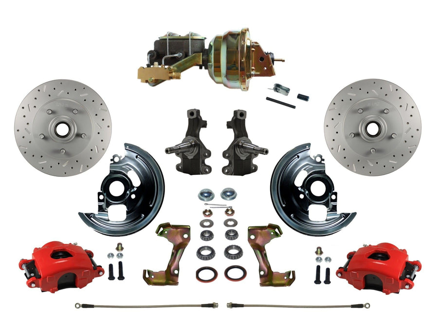 Power Front Disc Brake Kit LEED BRAKES 2" Drop Spindles Drilled And Slotted Rotors Red Powder Coated Calipers 8" Dual Booster Disc/Disc