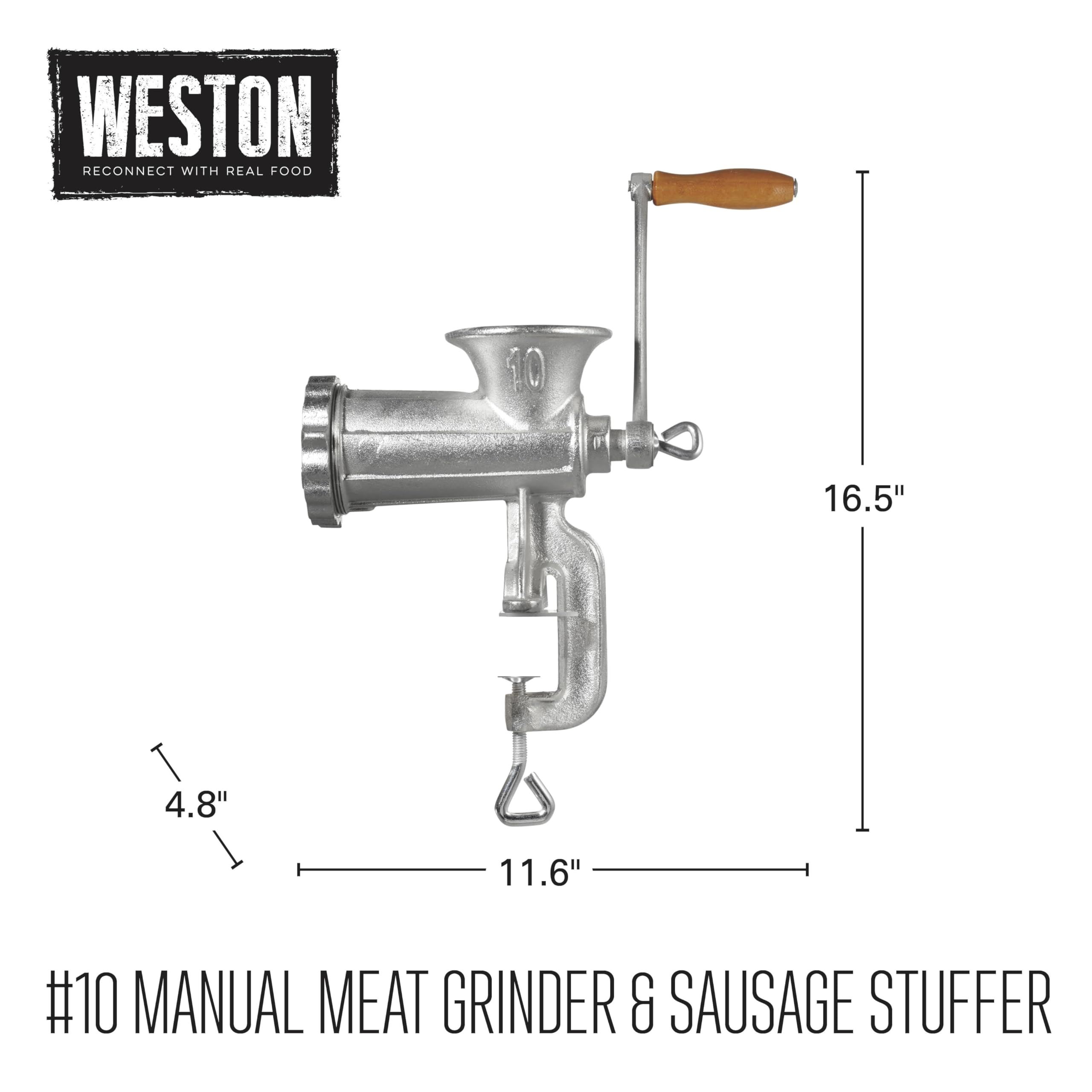 Weston Manual #10 Tinned Meat Grinder and Sausage Stuffer, 4.5mm & 10mm plates, + 3 sausage funnels, Silver