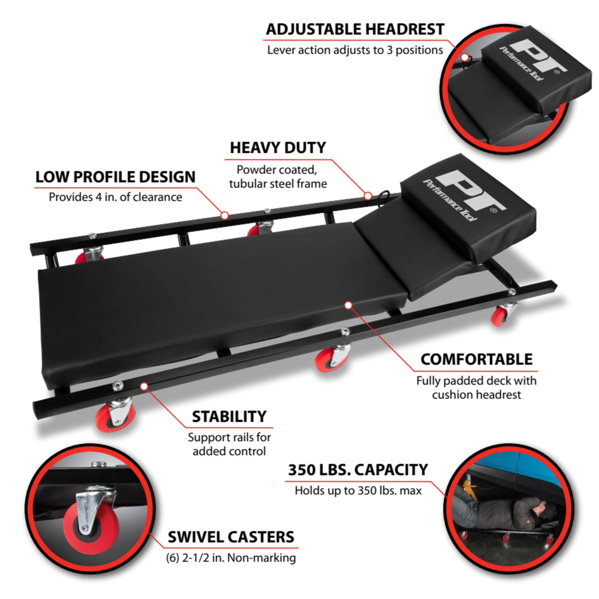 W85005 Performance Tool 40-Inch 6-Caster Rolling Shop Creeper with Adjustable Cushioned Headrest