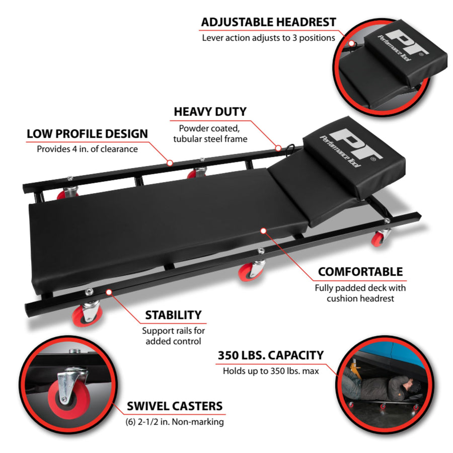 W85005 Performance Tool 40-Inch 6-Caster Rolling Shop Creeper with Adjustable Cushioned Headrest