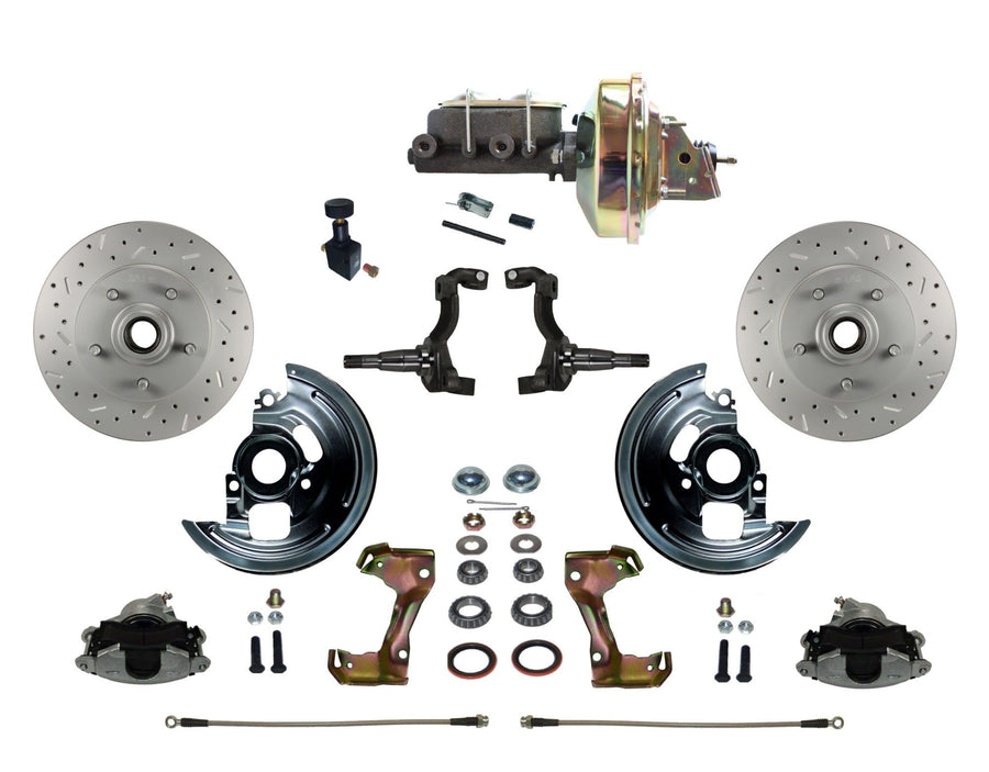 Power Front Disc Brake Conversion Kit LEED BRAKES Cross Drilled And Slotted Rotors With 9" Zinc Booster Cast Iron M/C Adjustable Proportioning Valve