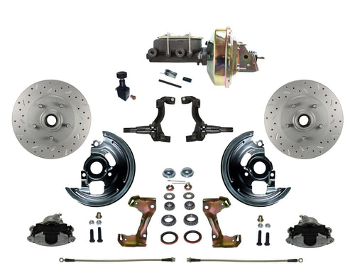 Power Front Disc Brake Conversion Kit LEED BRAKES Cross Drilled And Slotted Rotors With 9" Zinc Booster Cast Iron M/C Adjustable Proportioning Valve