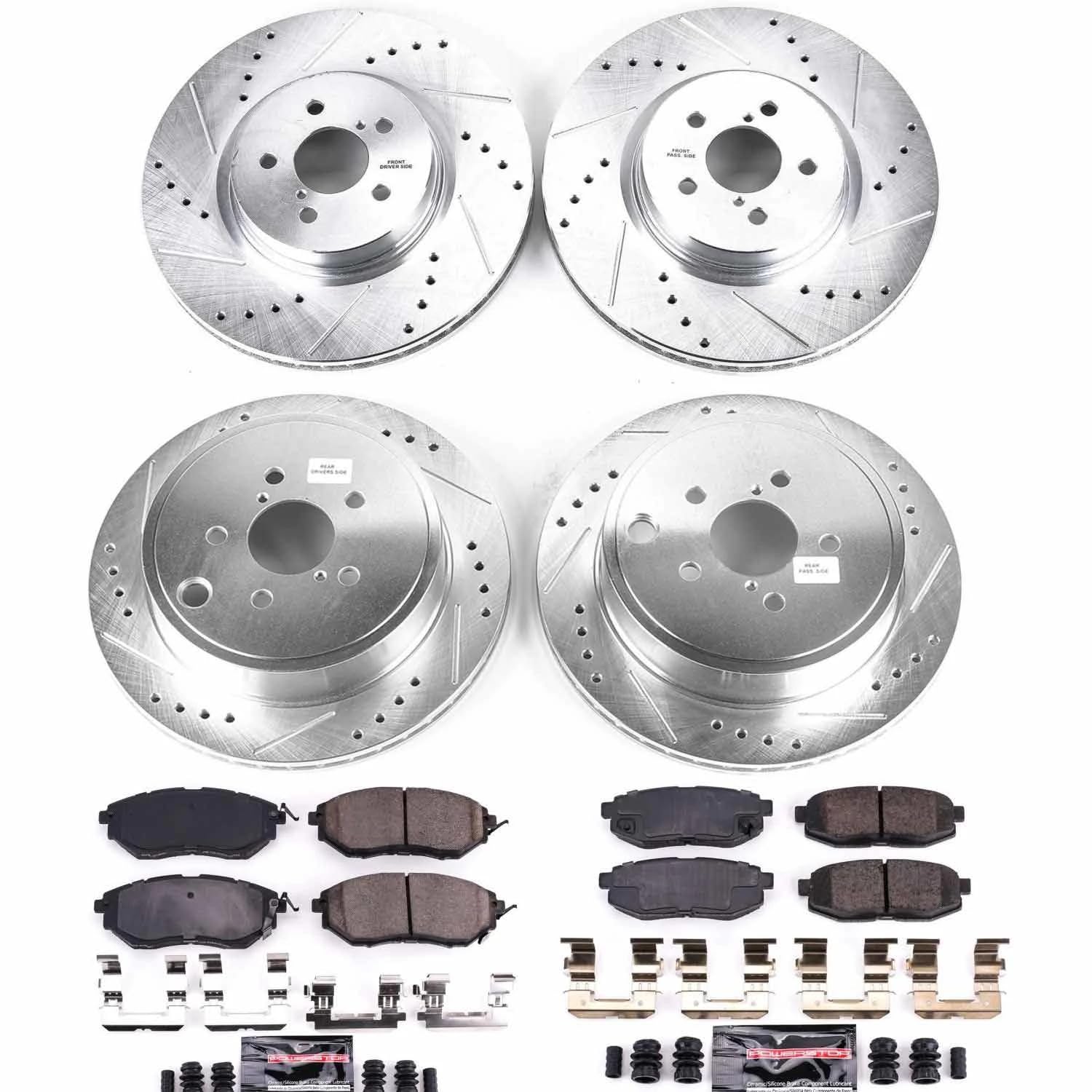 Power Stop K5830 Z23 Carbon Fiber Brake Pads Front and Rear with Drilled & Slotted Brake Rotors Kit For Subaru Legacy 2010-2014, Subaru Outback 2010-2014 [Model Specific]