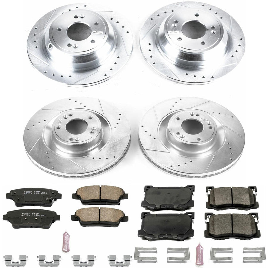 Power Stop K7029 Z23 Carbon Fiber Brake Pads Front and Rear with Drilled & Slotted Brake Rotors Kit For Hyundai Genesis 2015-2016, Kia K900 2015-2017 [Model Specific]
