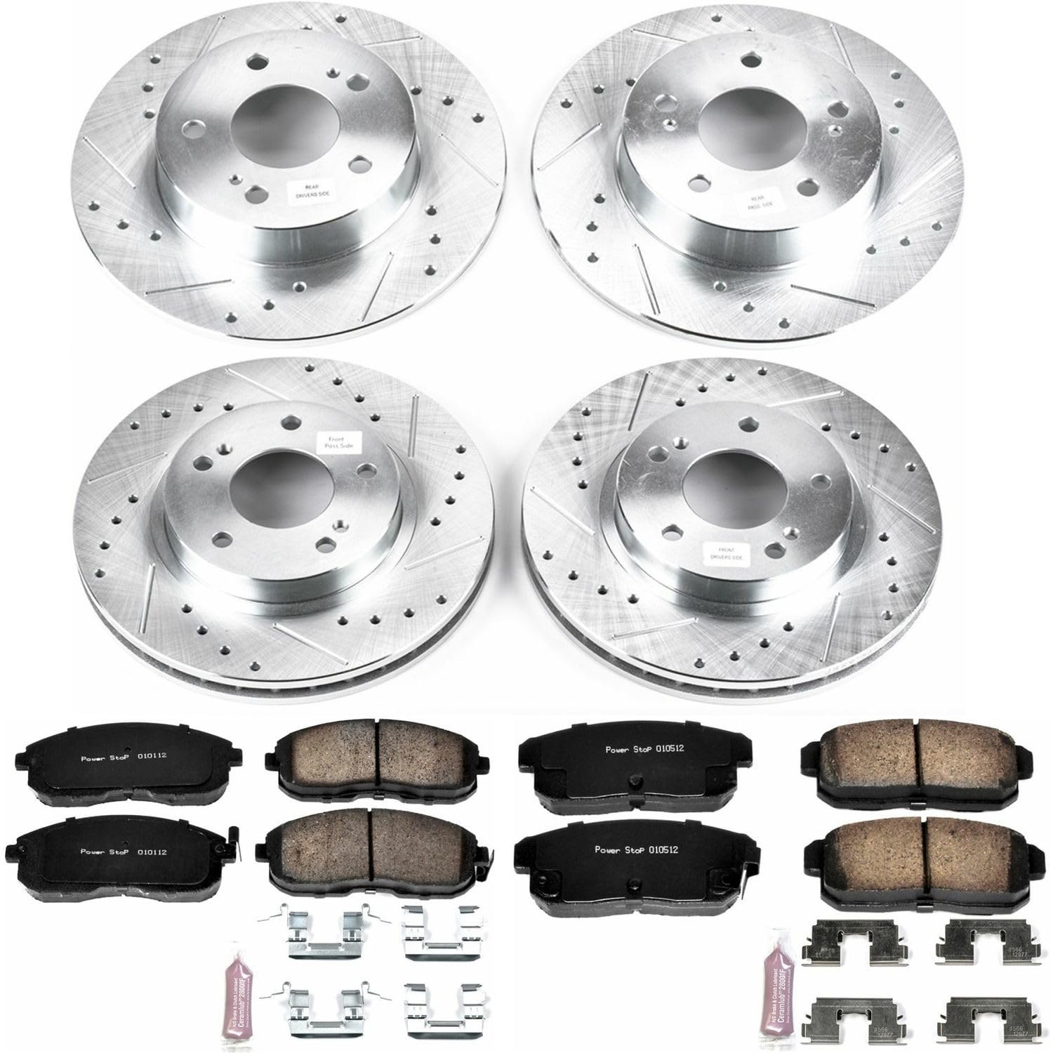 Power Stop K2703 Z23 Carbon Fiber Brake Pads Front and Rear with Drilled & Slotted Brake Rotors Kit For INFINITI I30 2001 [Model Specific]