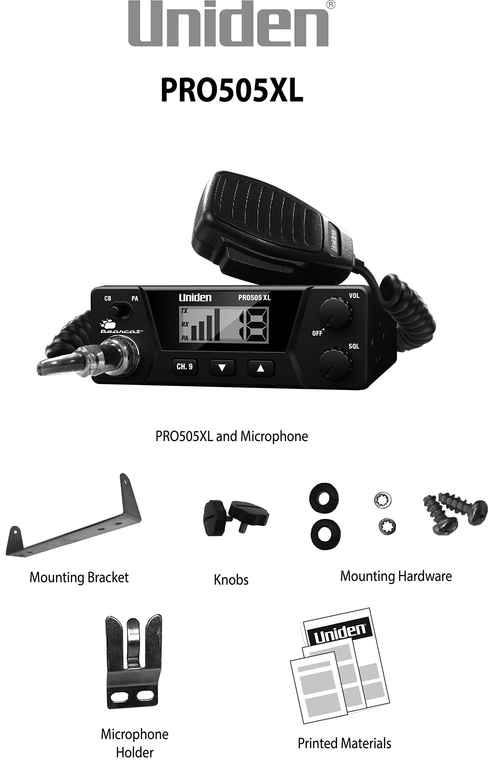 40-Channel Uniden PRO505XL CB Radio. Pro-Series, Compact Design. Public Address (PA) Function. Instant Emergency Channel 9, External Speaker Jack, Large Easy to Read Display. - Black