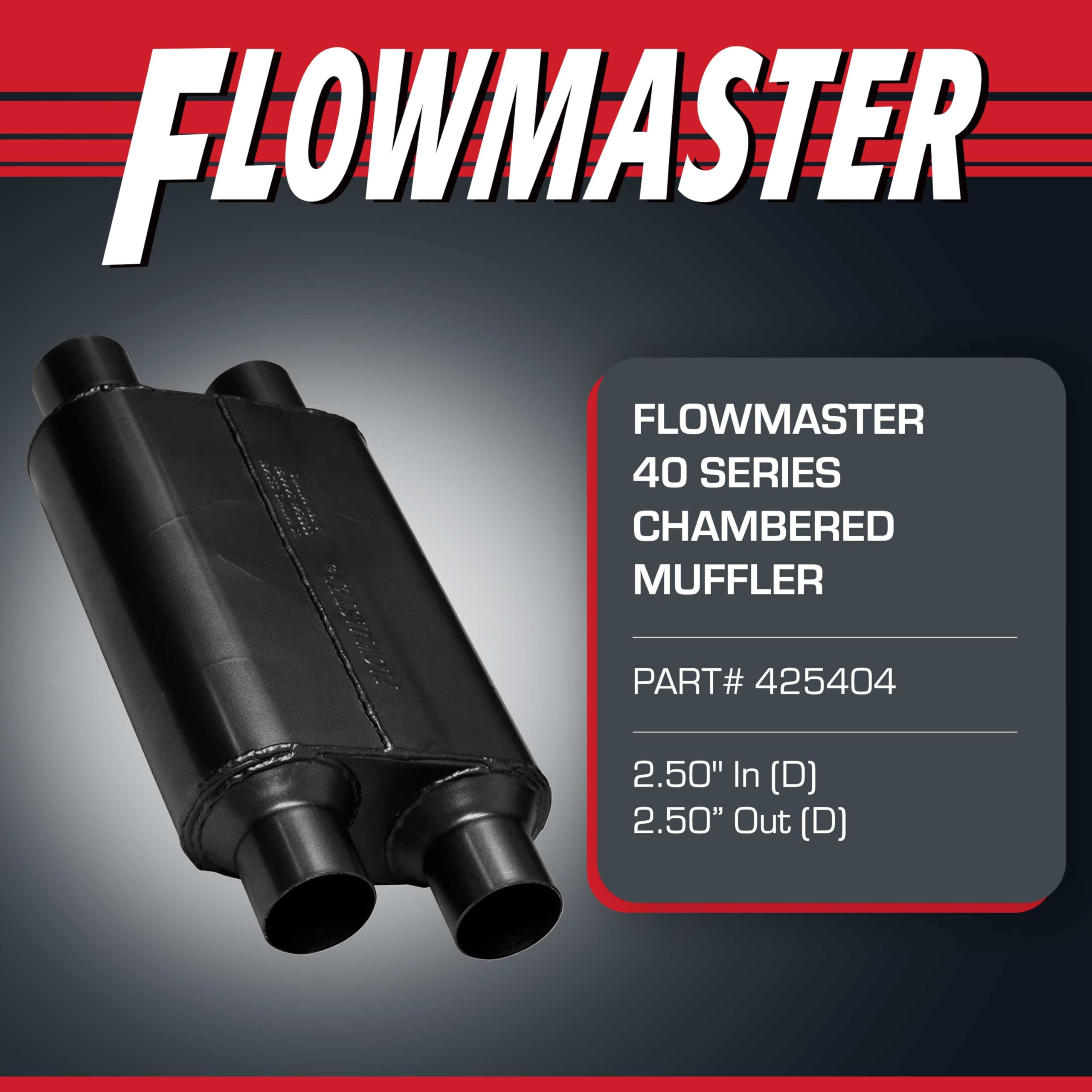 40 Series Flowmaster Original Chambered Muffler – 2.50” Dual In / 2.50” Dual Out – Aggressive Sound – 16-Gauge Aluminized Steel – For Muscle Cars, Street Rods, Trucks, SUVs & Strip Builds (425404)