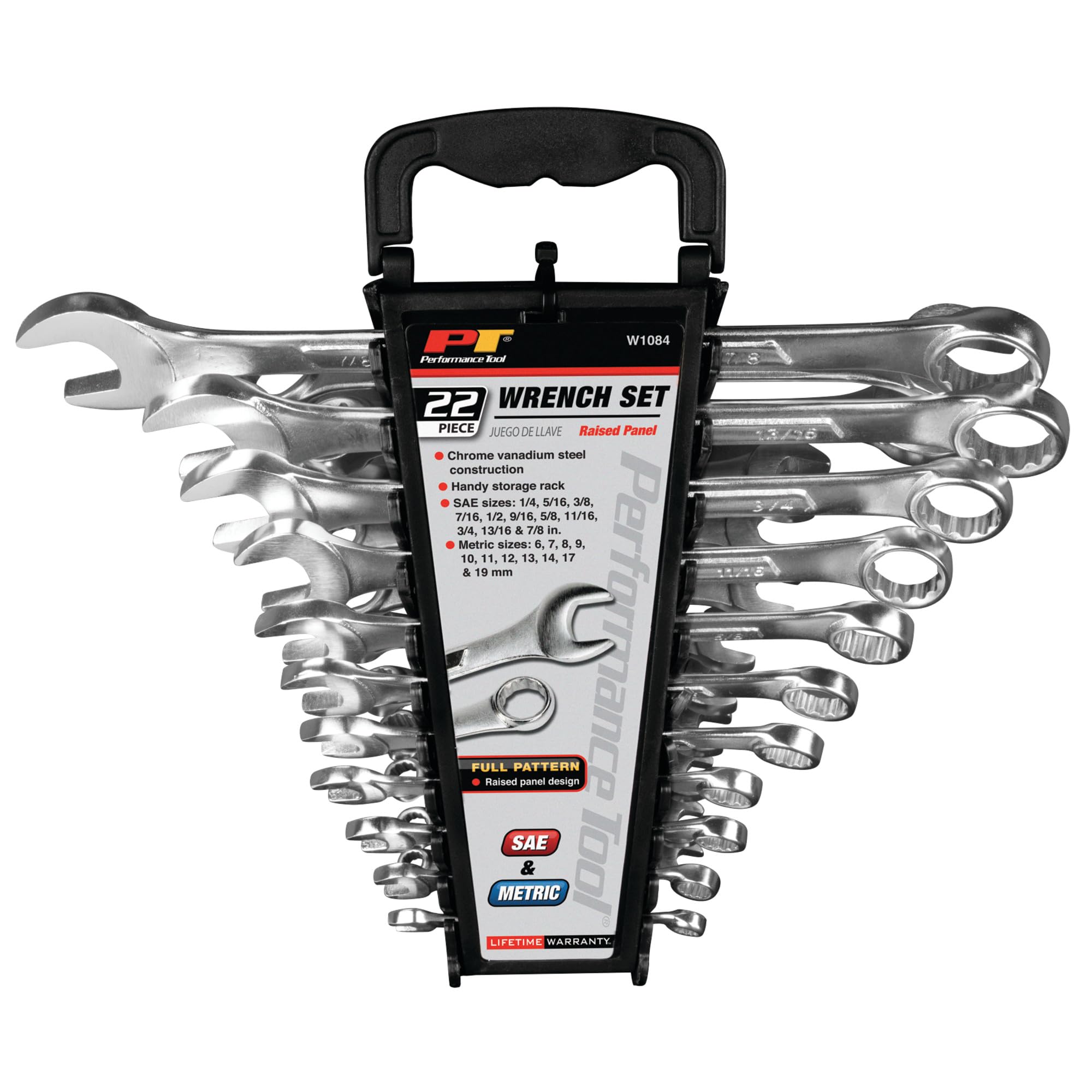 W1084 Performance Tool 22pc Combination Wrenches Set (Metric and Standard Sizes) With Organizer Rack