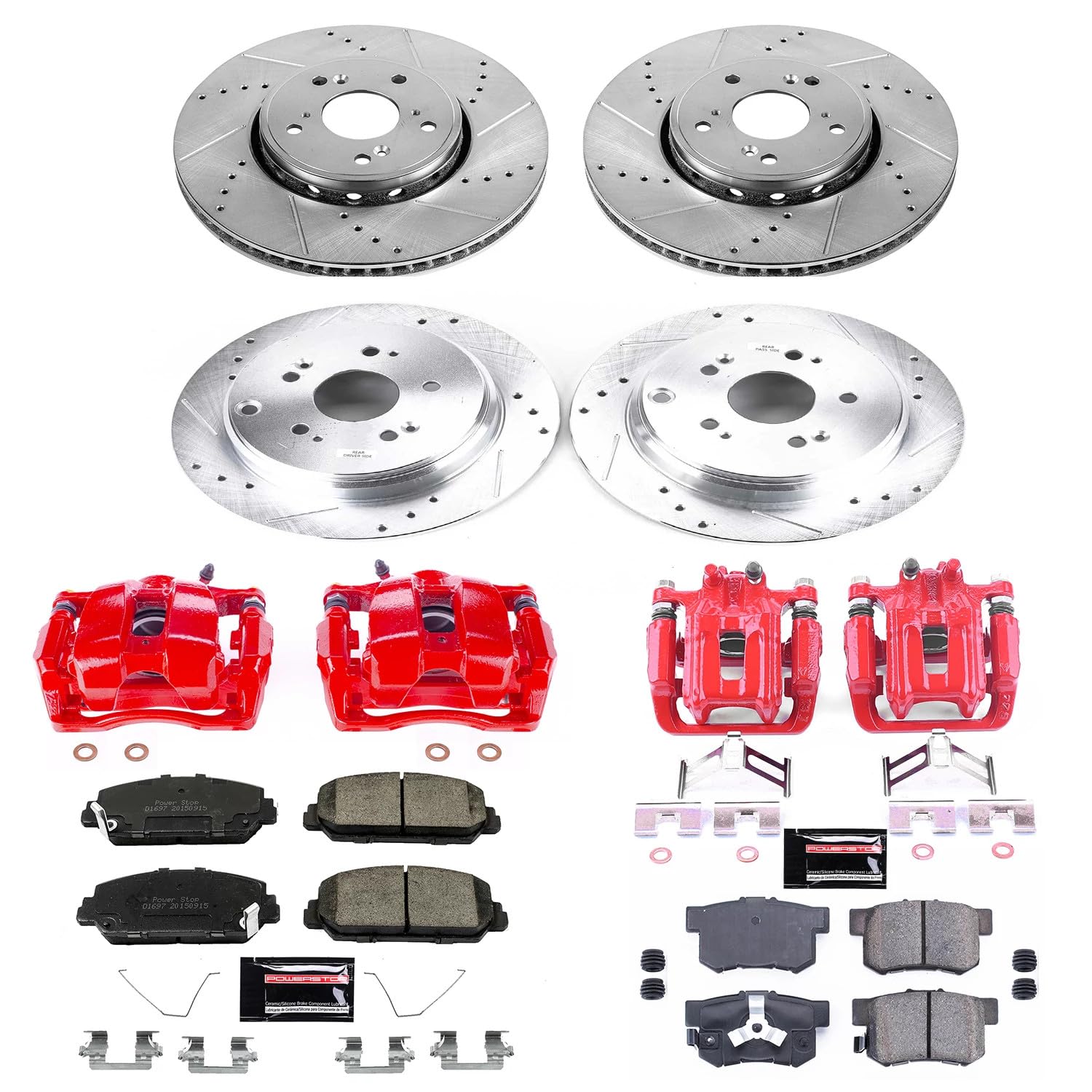 Power Stop Z23 Evolution Sport Front and Rear Caliper Brake Kit-Drilled/Slotted Rotors, Carbon Ceramic Brake Pads, For Acura RDX 2013-2018 [Model Specific] Calipers