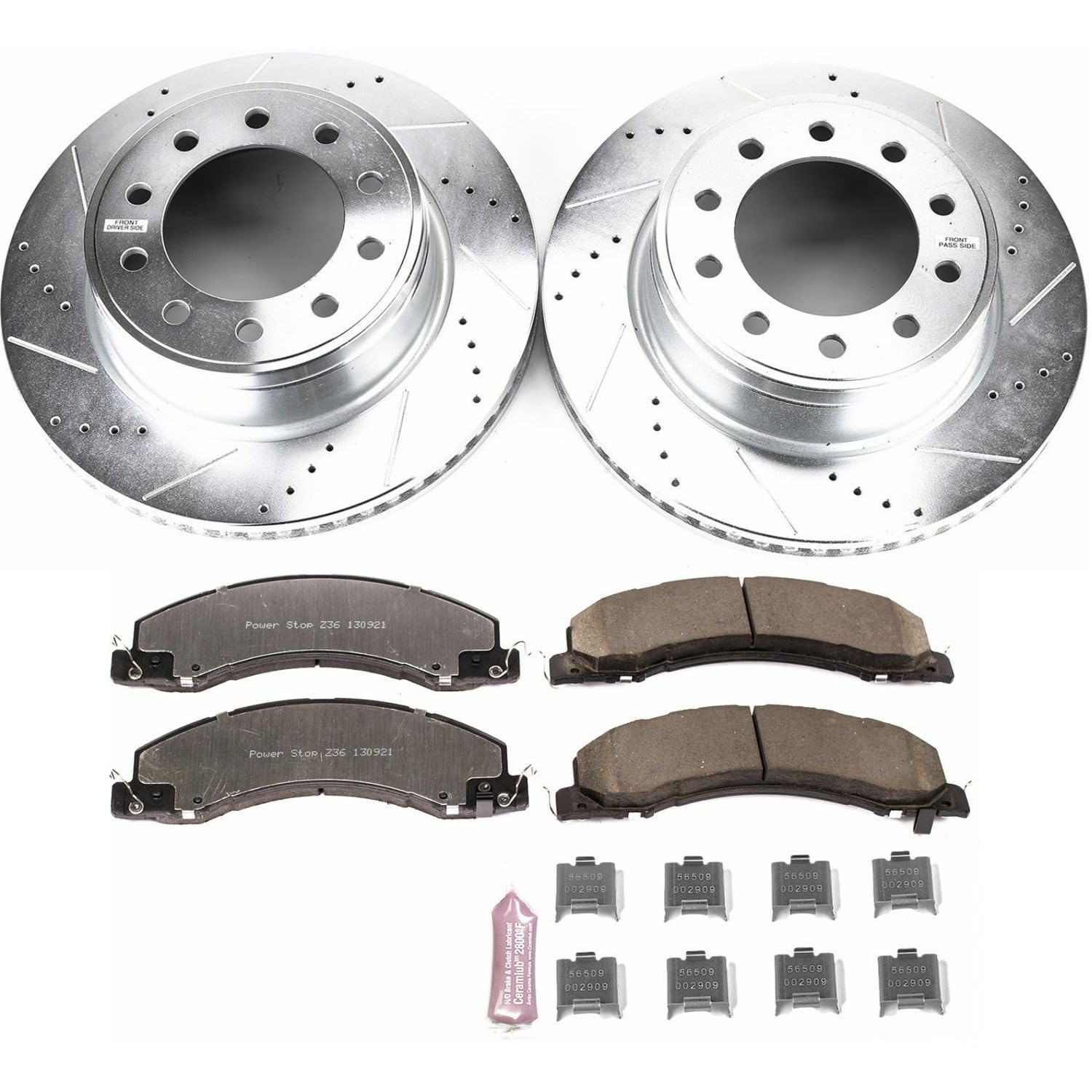 Power Stop Front Brake Kit For 2008 2009 2010 Dodge Ram 4500 2008 2009 2010 Dodge Ram 5500 - Carbon Fiber Ceramic Brake Pads & Truck & Tow Drilled and Slotted Rotors Replacement, K5567-36