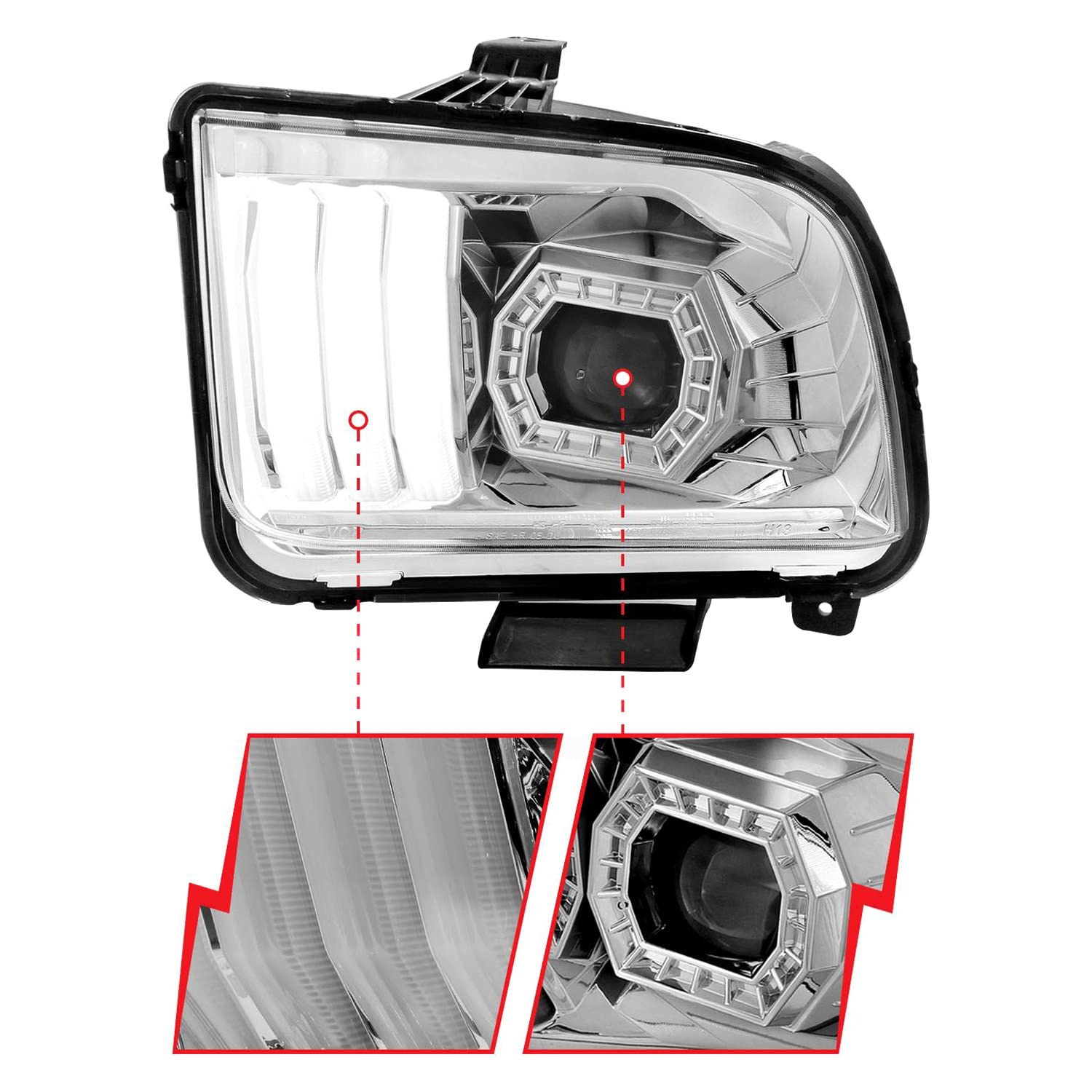 05-09 Ford Mustang ANZO (w/Factory Halogen HL Only) Projector Headlights w/Light Bar Chrome Housing (121567)