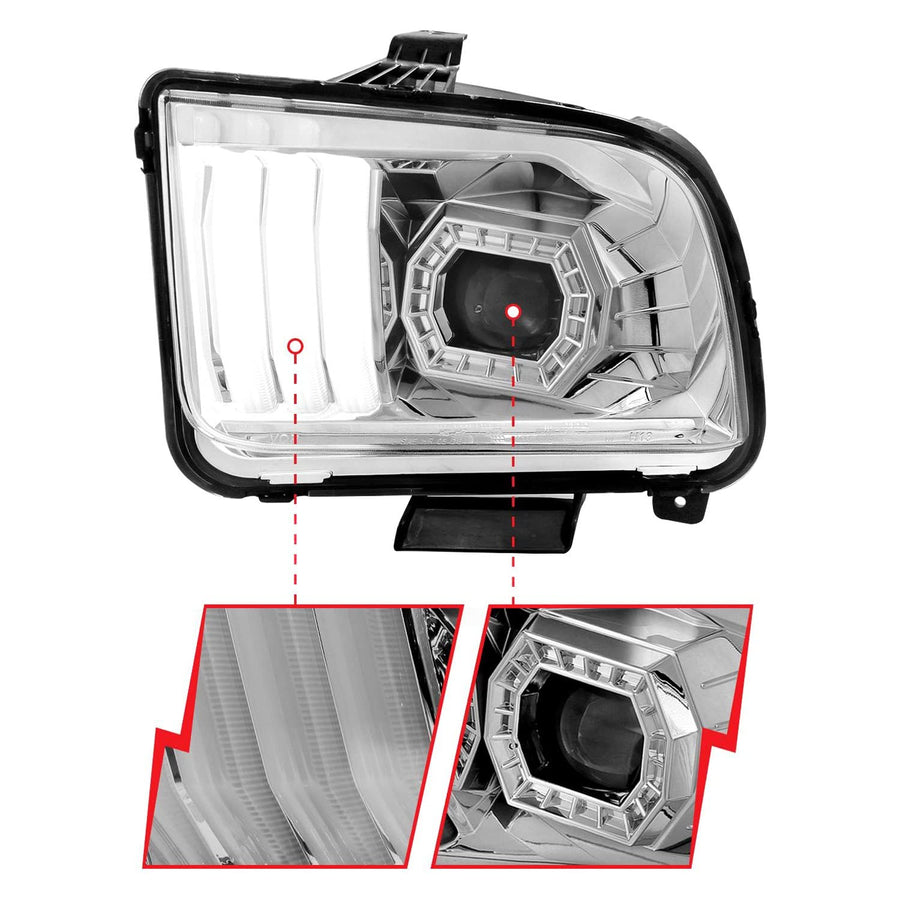 05-09 Ford Mustang ANZO (w/Factory Halogen HL Only) Projector Headlights w/Light Bar Chrome Housing (121567)