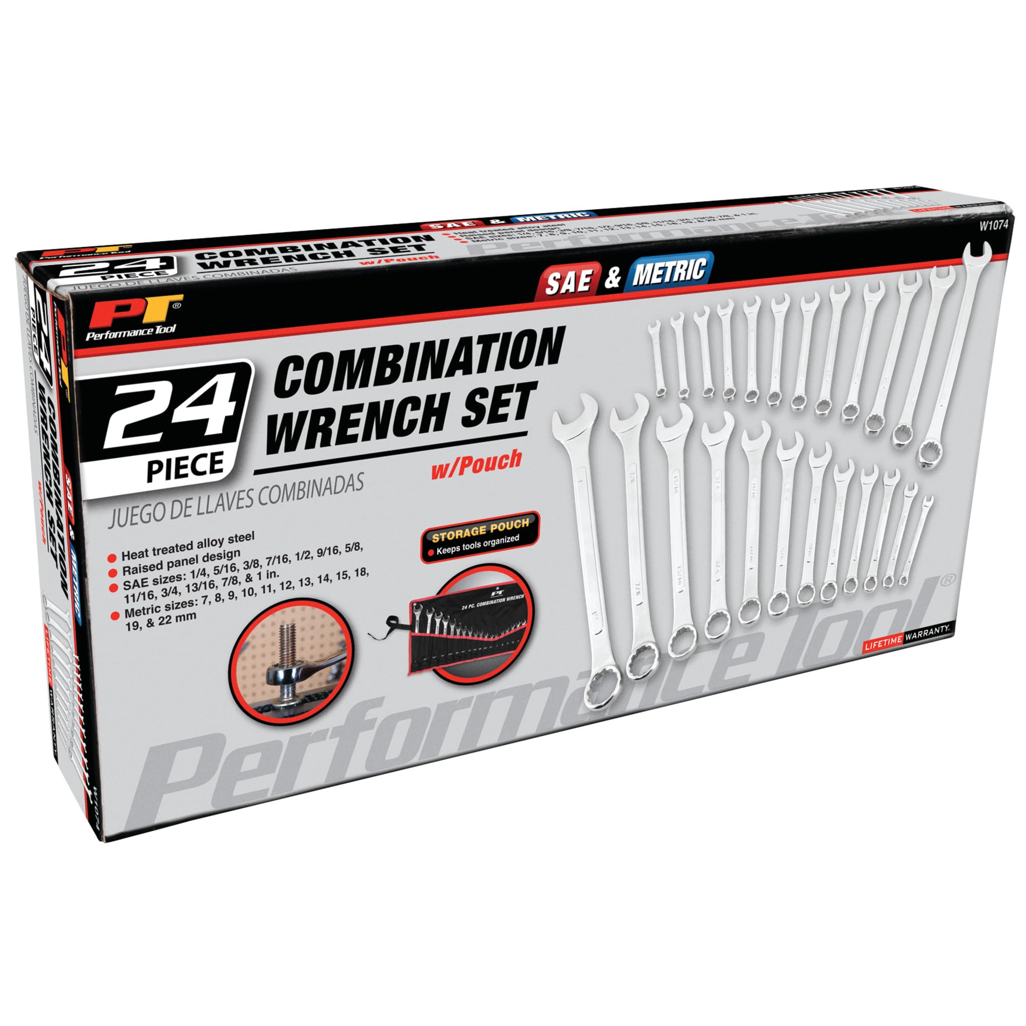 W1074 Performance Tool 24 pc. SAE and Metric Combo Wrench Set: 1/4-in to 1-in and 7-22mm sizes, Made of Heat-Treated Steel, Raised Panel Design, Black Roll Pouch for Easy Storage