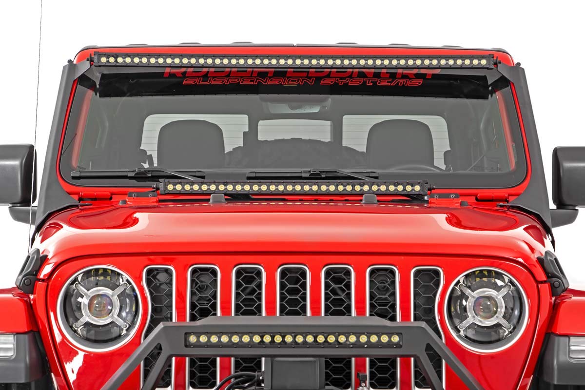 Rough Country 50" Upper Windshield Kit Dual Row LED Light Bar for Jeep Wrangler JL (2018-2024)/ Gladiator JT (2020-2024) - Amber DRL