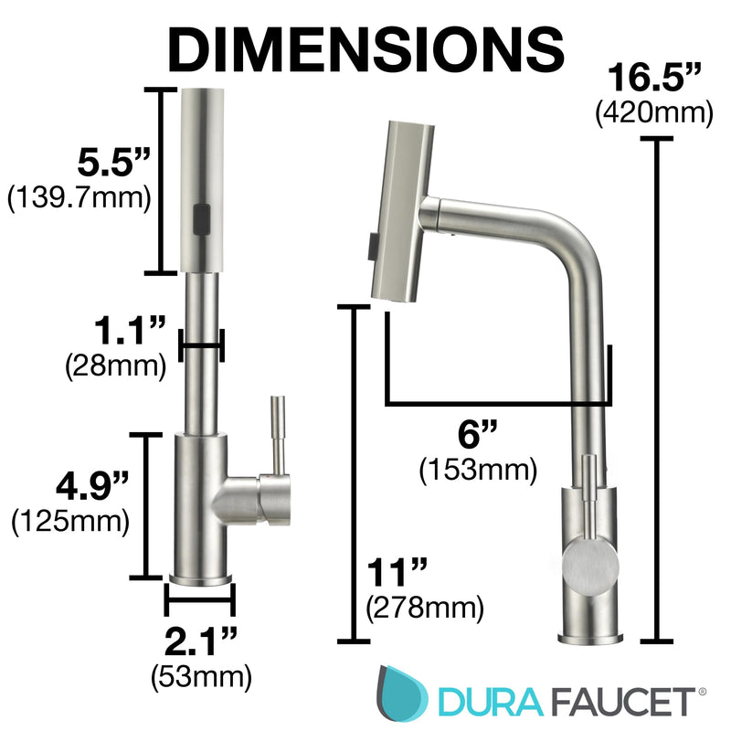 Dura Faucet Rainfall (DF-MK511X-SN) RV Kitchen Faucet – Satin Nickel, Dual-Mode Rotating Spray Head (Wide Waterfall & Stream), Single Lever Handle, Lead-Free, Easy Install Compact Sink Faucet