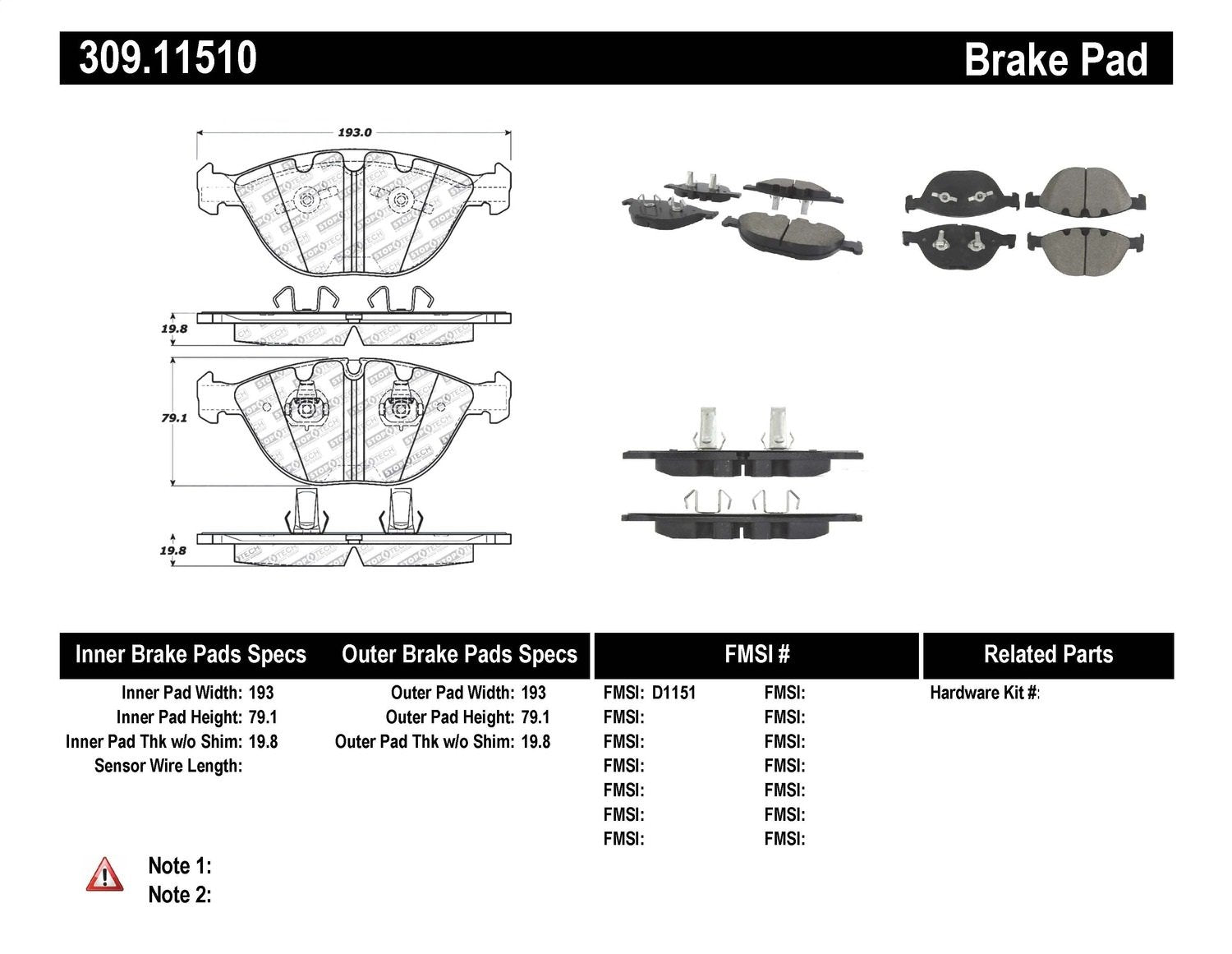 Sport Brake Pads StopTech 309.11510 with Shims and Hardware