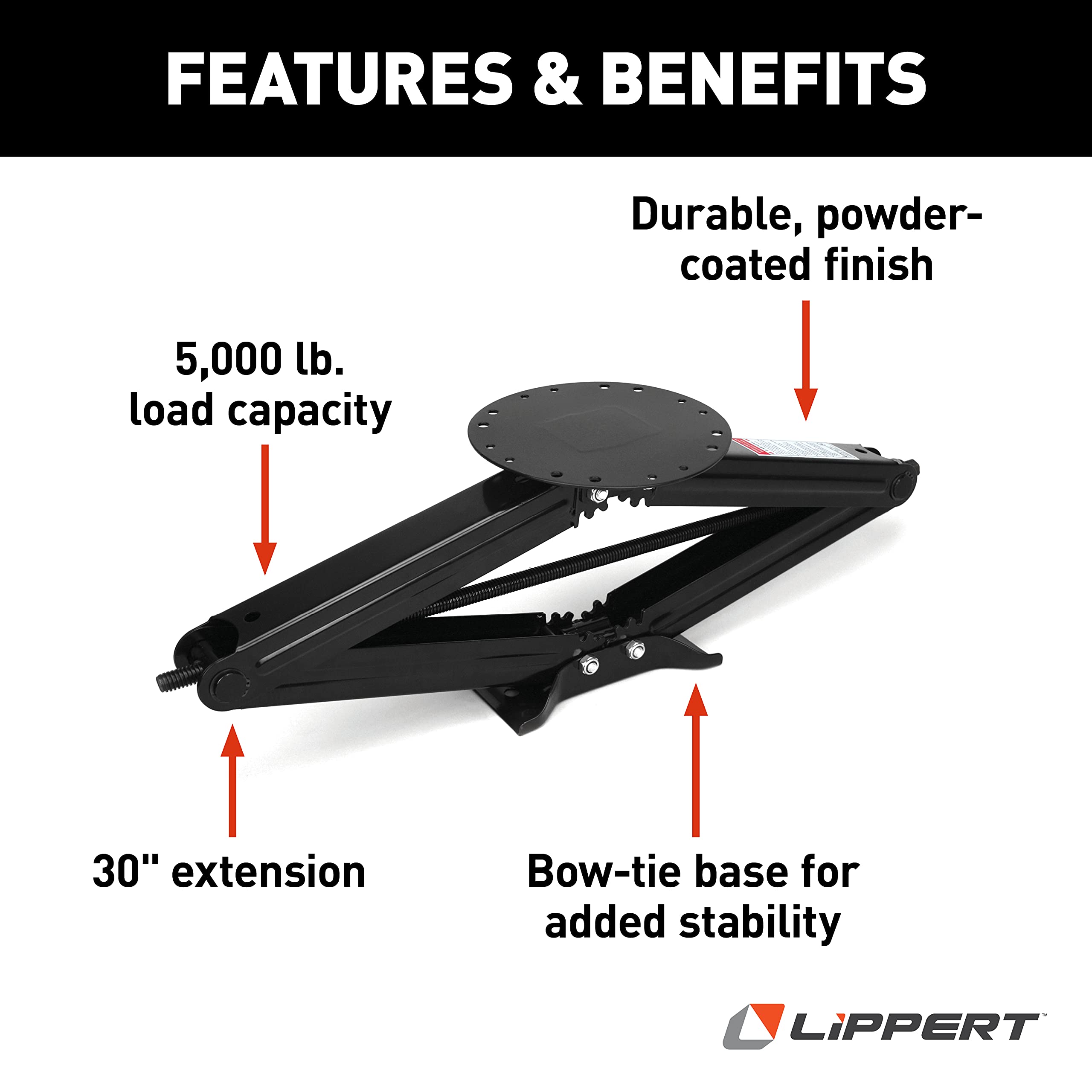30" Lippert Manual RV Scissor Jack Kit for 5th Wheels, Travel Trailers, Single Pack, 5,000 lb. Load Capacity, Anti Rust Coating, Universal Bolt-On Installation, Bow-Tie Base, Crank Handle - 285332