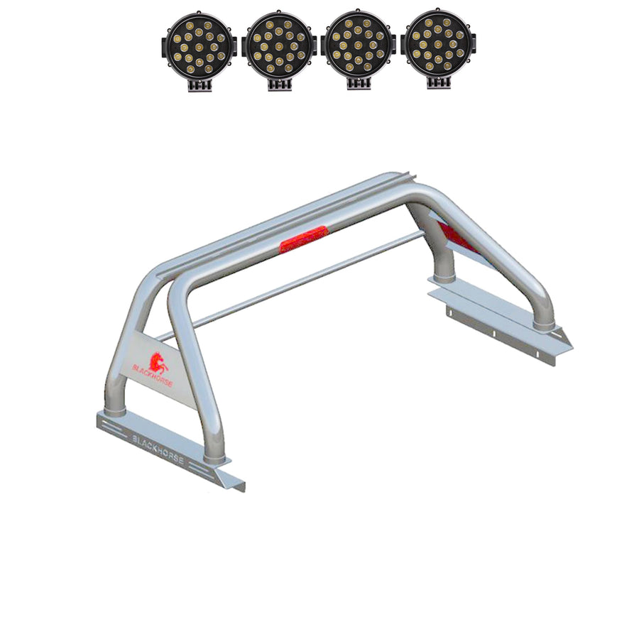 Classic Black Horse Roll Bar incl. Pair of 7.0" Dia. LED Lights w/Black Trim Rings Stainless Steel Compatible with 2020-2024 Jeep Gladiator-RB09SS-PLB