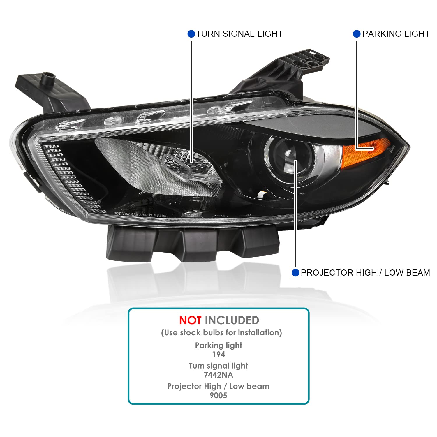 Right Passenger Side SPEC-D TUNING Black Projector Headlight Compatible with 2013-2016 Dodge Dart