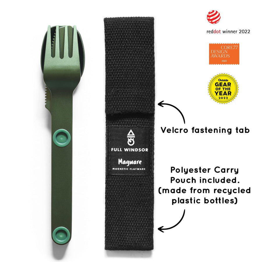 MAGWARE - FULL WINDSOR Magnetic Camping Cutlery Set - Travel Utensils for Camping, Cooking, and Outdoor Dining - Knife, Fork & Spoon - Portable Silverware with Pouch - Green (3 PCS)