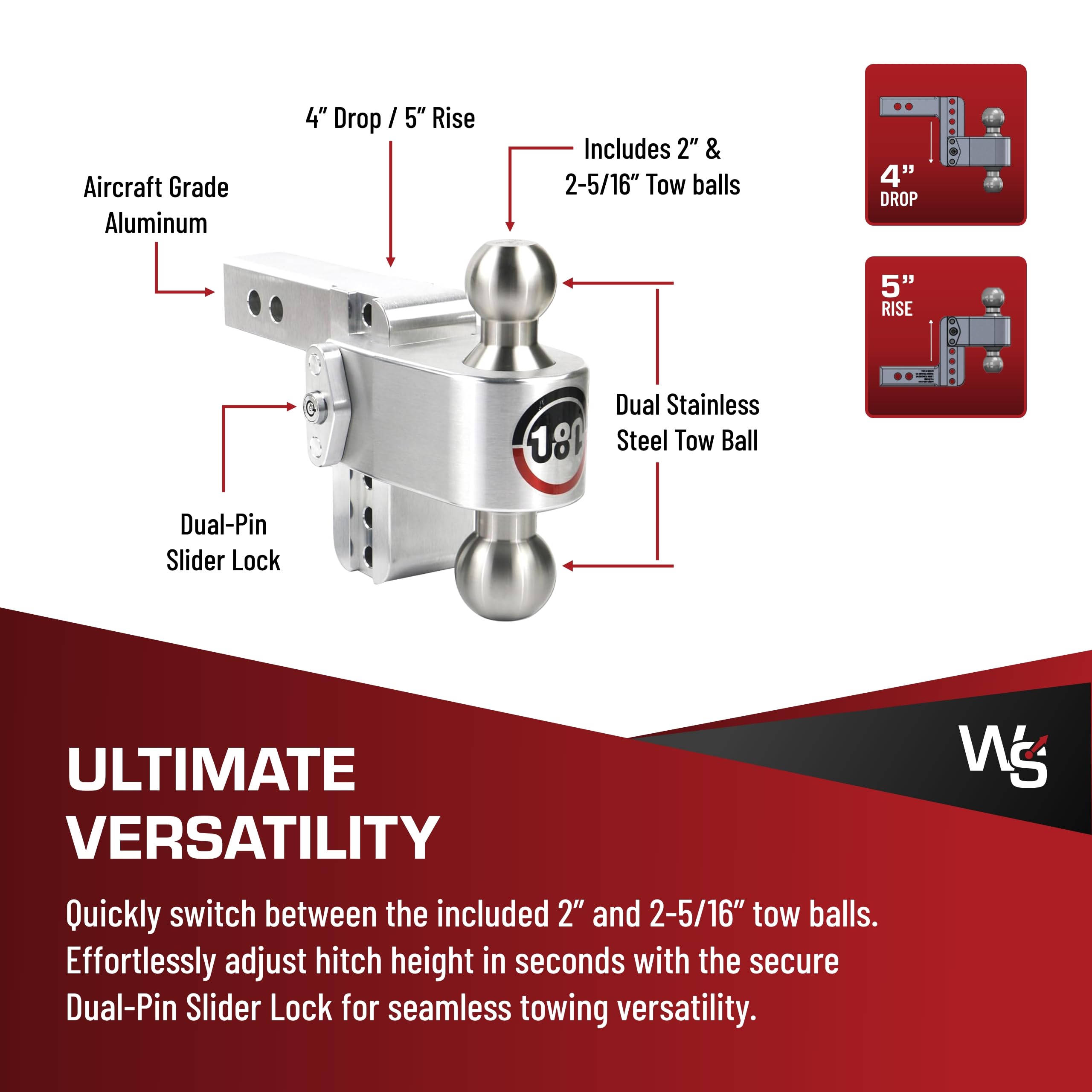 Weigh Safe Adjustable Trailer Hitch Ball Mount - Adjustable 4" Drop Hitch for 2" Receiver - Premium Heavy Duty Aluminum Trailer Tow Hitch w/ Stainless Steel Tow Balls (2" & 2 5/16") - 12,500 lbs GTW