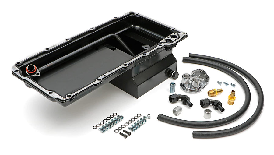 LS SWAP OIL PAN/FILTER RELOCATION KIT - TRANS-DAPT PERFORMANCE; SINGLE FILTER; VERTICAL PORT; BLACK PAN (0180)