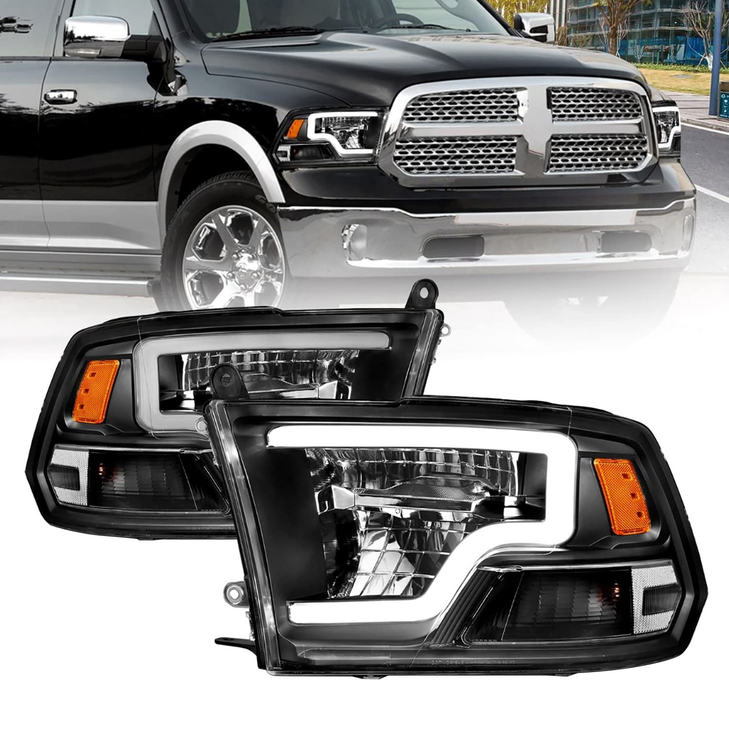 2009-2020 Dodge Ram 1500 ANZO (111539) Full LED Square Projector Headlights w/Chrome Housing Black Amber