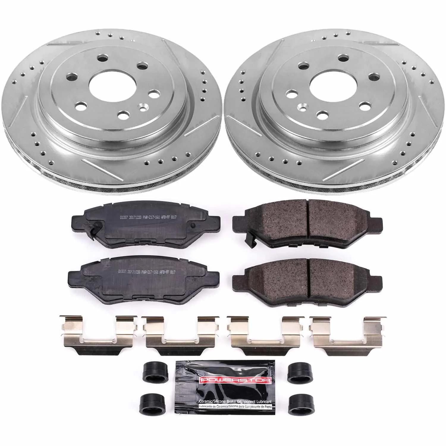 Power Stop K5543 Z23 Carbon Fiber Brake Pads Rear with Drilled & Slotted Brake Rotors Kit For Cadillac SRX 2010-2016, Saab 9-4X 2011 [Model Specific]