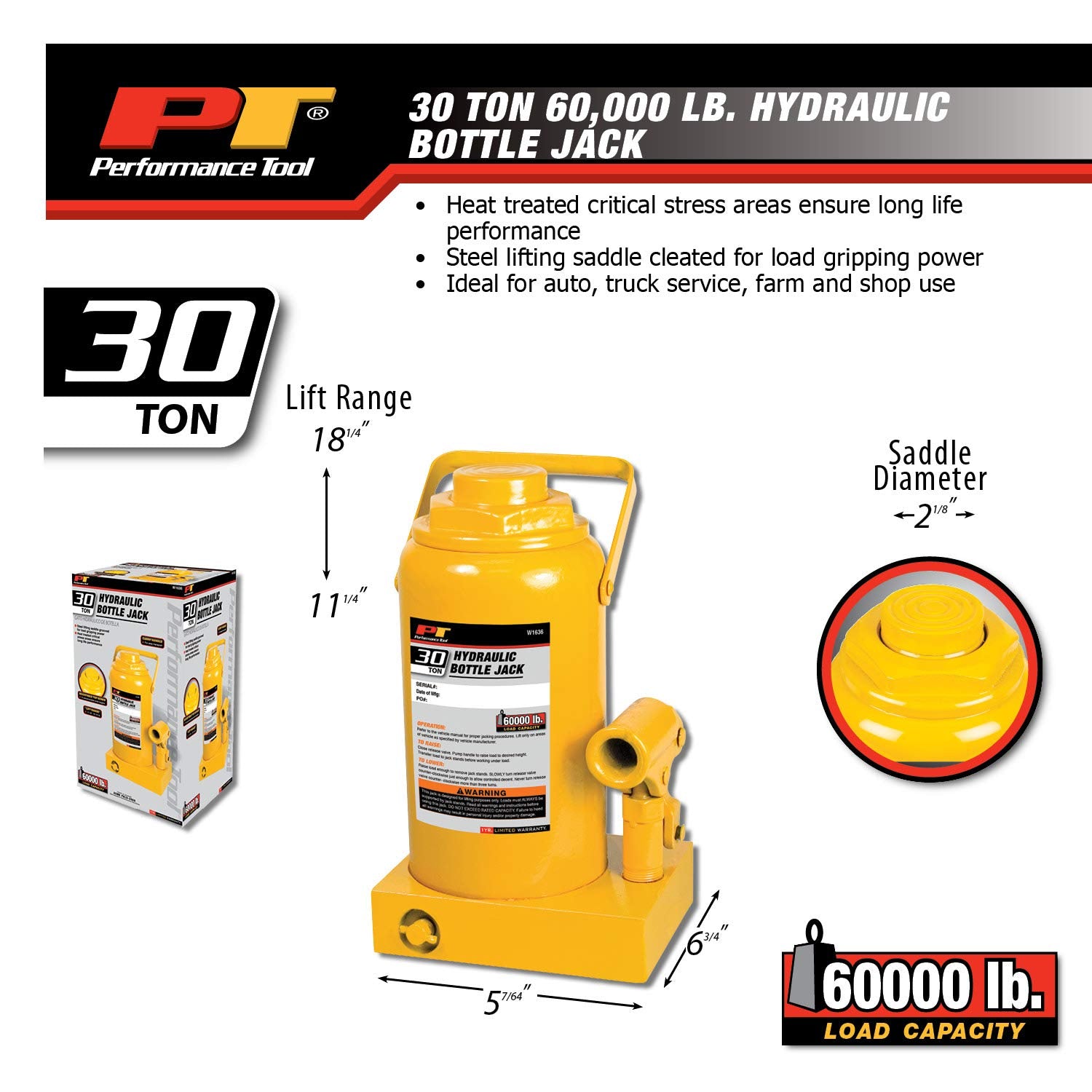 30 Ton Performance Tool W1636 Heavy Duty Hydraulic Bottle Jack, Range: 11 1/4-Inch to 18 1/4-Inch (60,000 lbs.)