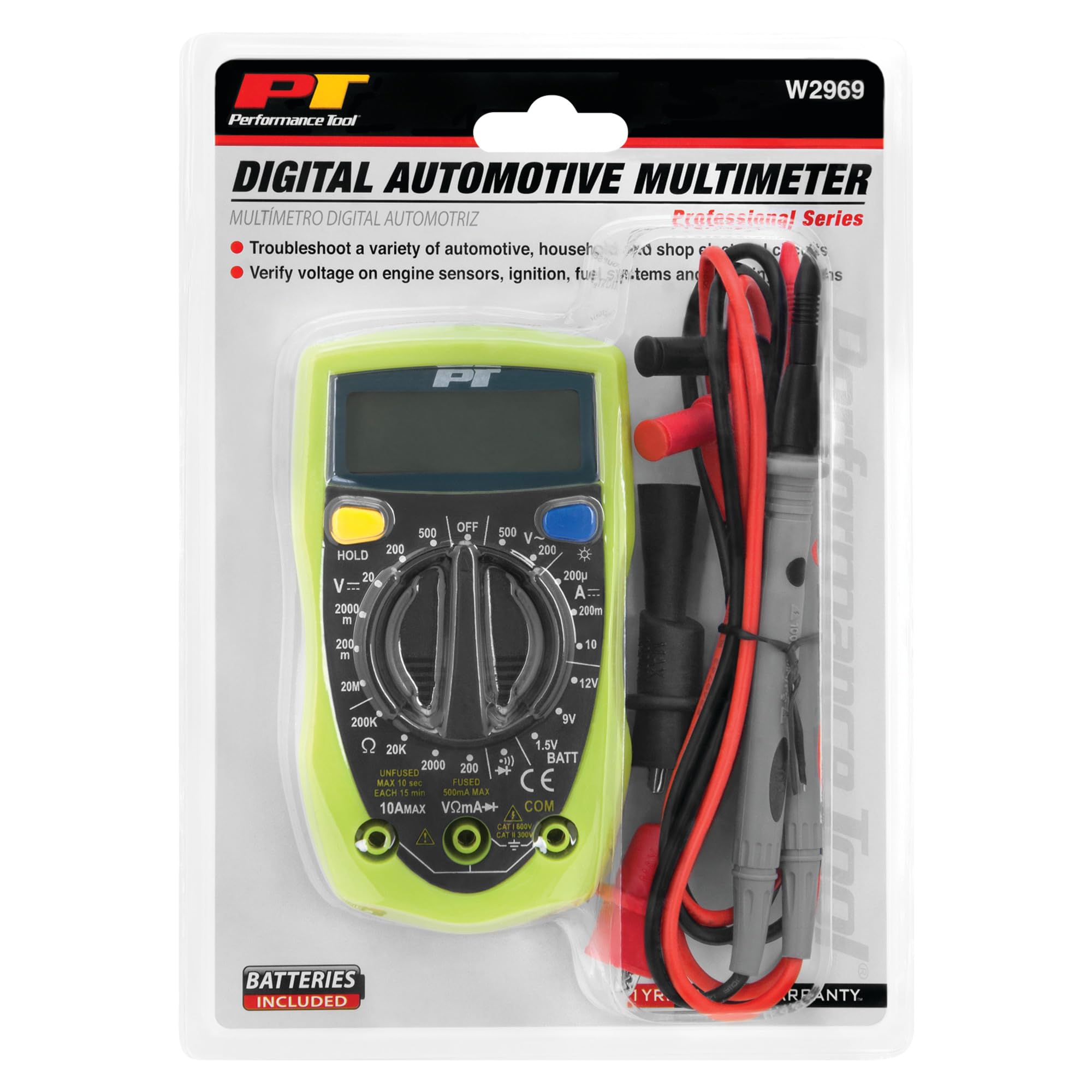 Digital Performance Tool W2969 Compact Multimeters, Electronic Amp Volt Ohm Voltage Meter/Multimeter with Diode and Continuity Tester, Backlight LCD Display (Green)