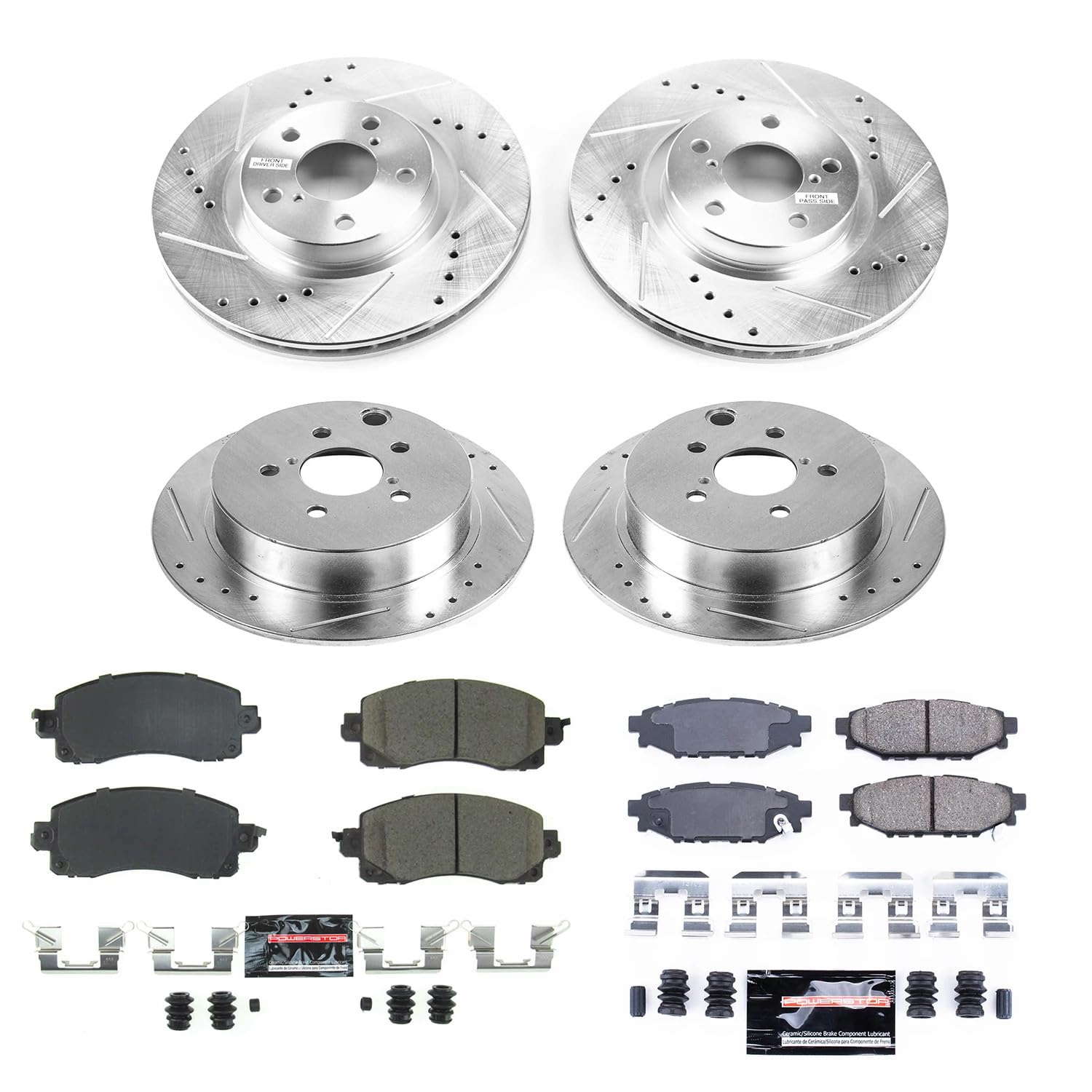Power Stop K7926 Z23 Carbon Fiber Brake Pads Front and Rear with Drilled & Slotted Brake Rotors Kit For Subaru Impreza 2017-2022 [Model Specific]