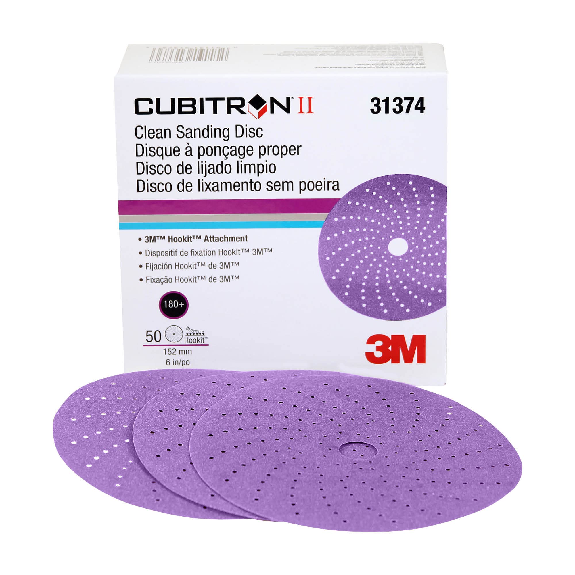 3M Cubitron II Clean Sanding Hookit Abrasive Disc 31374, 6 in, 180+ Grade, Pack of 50 Discs, Virtually Dust-Free, High Performance, Long Lasting, Multi-Hole Pattern, Feather Edging, Stock Removal