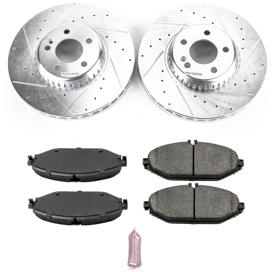 Power Stop K7963 Z23 Carbon Fiber Brake Pads Front with Drilled & Slotted Brake Rotors Kit and 1 Front Sensor Wire