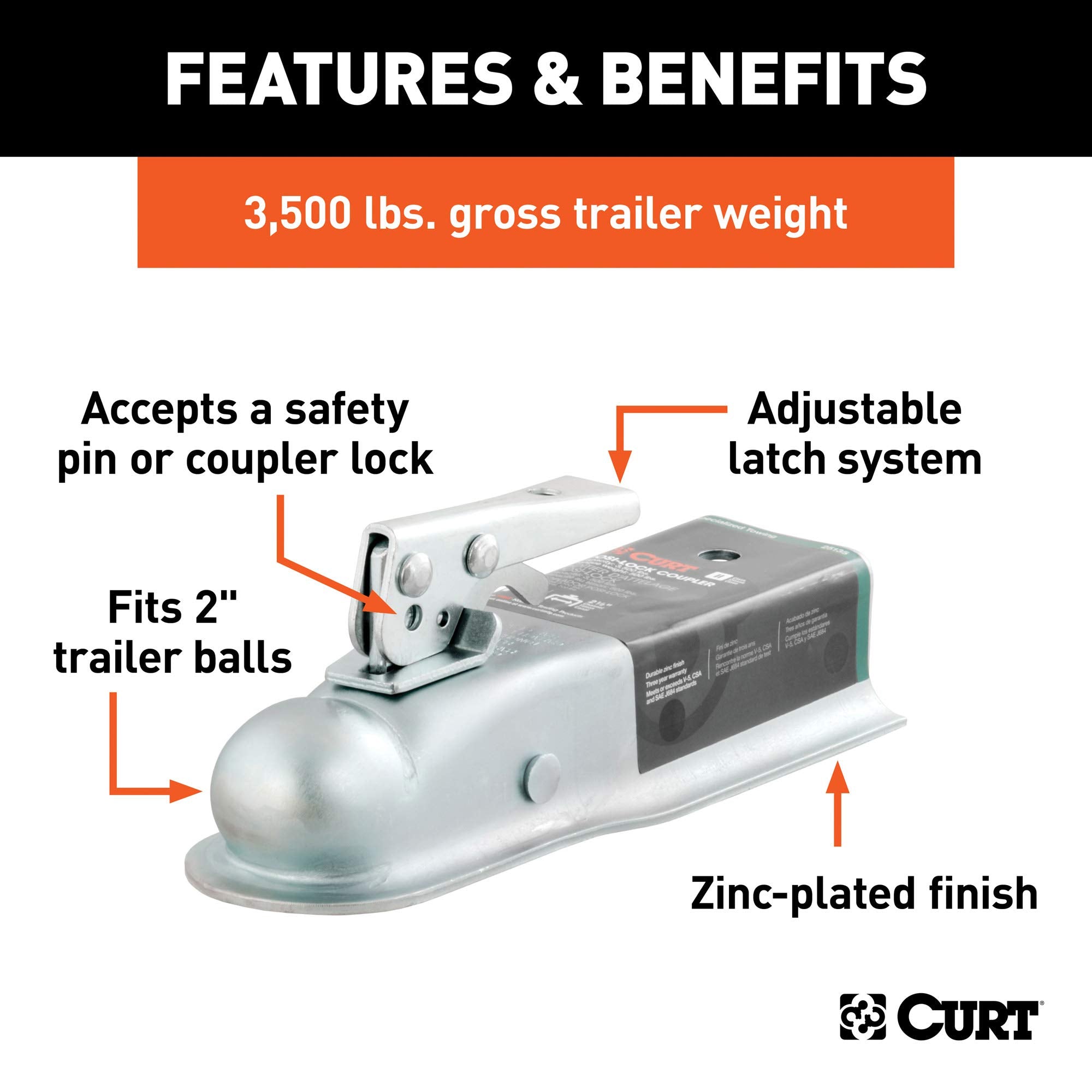 CURT Straight Tongue Trailer Coupler for 2-In Hitch Ball, 2-1/2-Inch Channel, 3,500 lbs, CLEAR ZINC