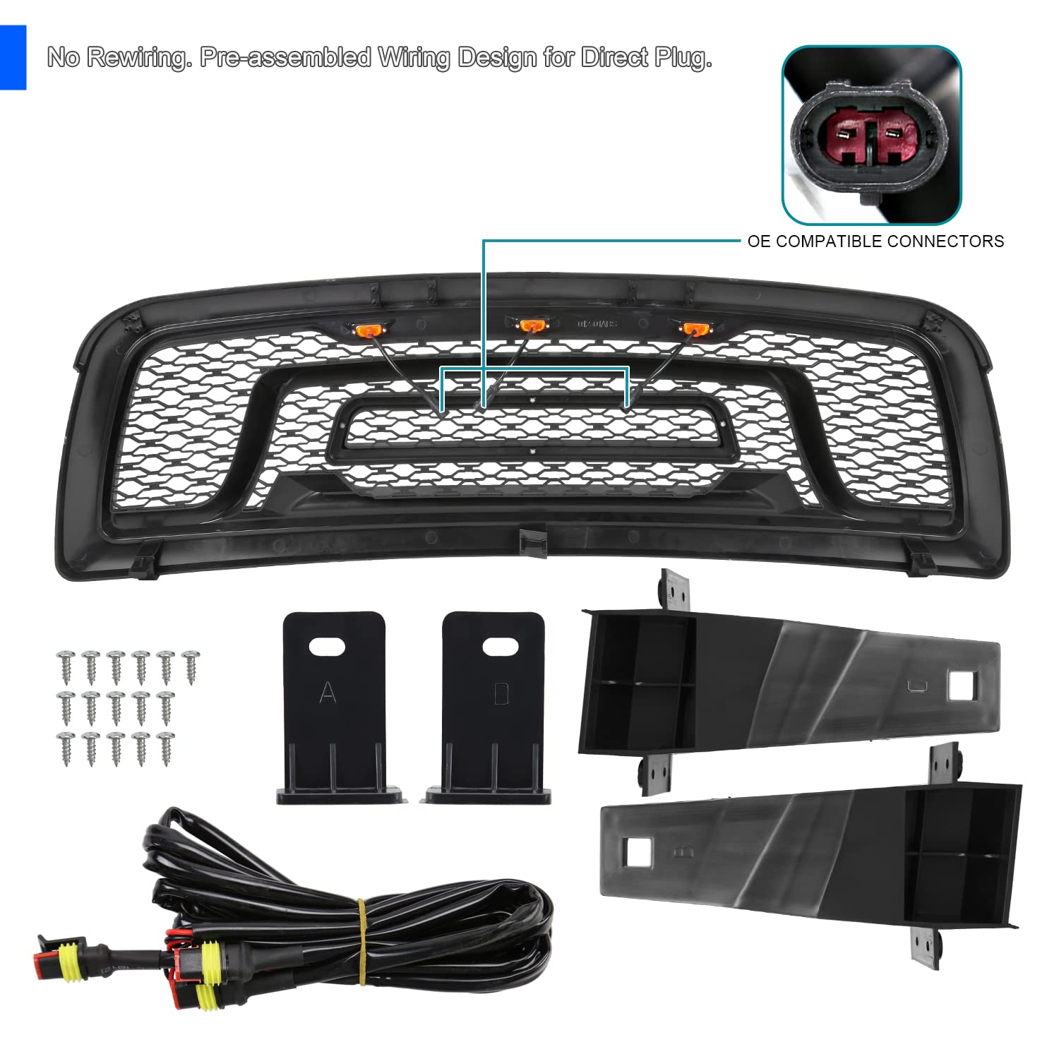 Matte Black Spec-D Tuning Front Bumper Hood Grille w/Amber LED Lights Compatible with 2009-2012 Dodge Ram 1500