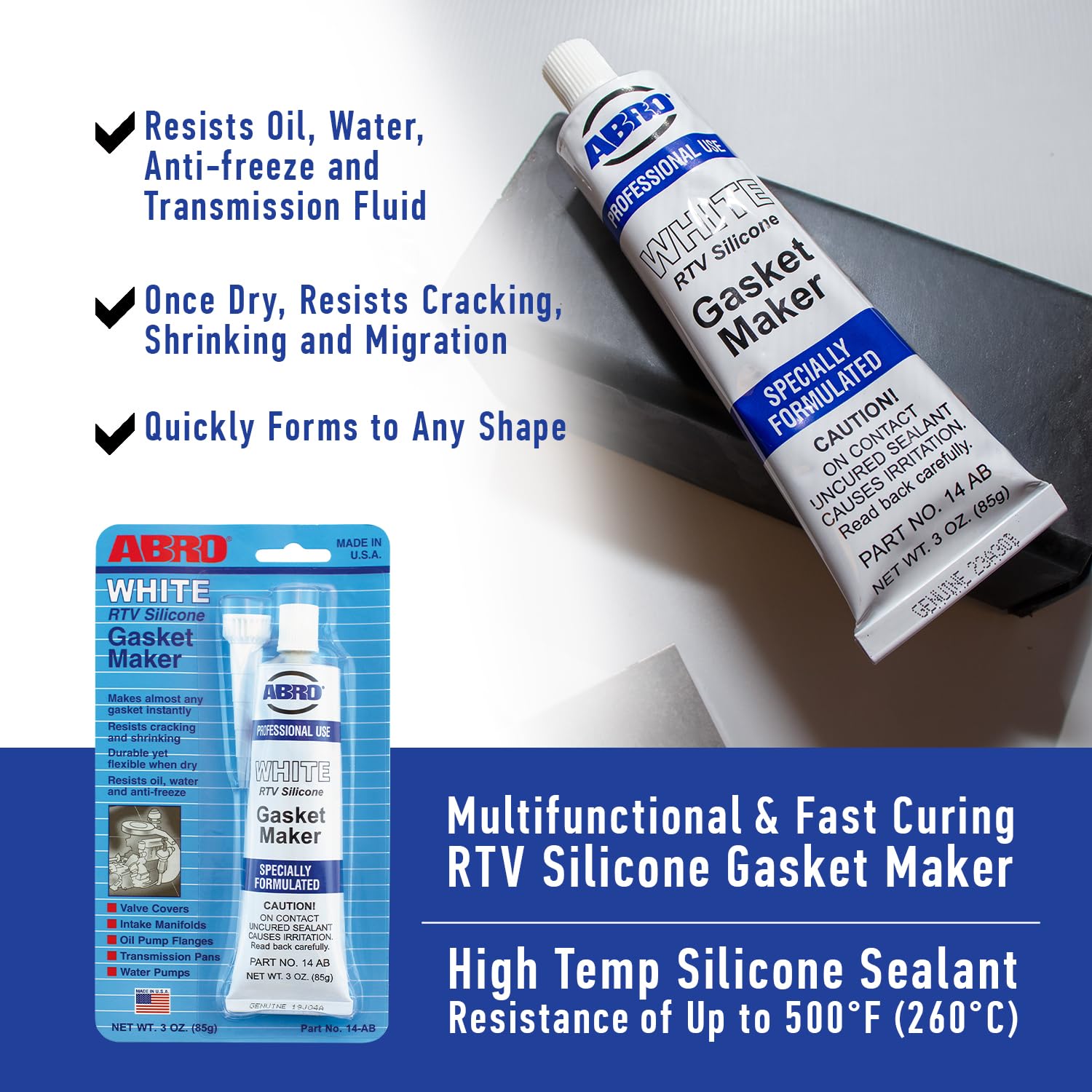 RTV Silicone Sealant and Gasket Maker ABRO: Up to 500 Degree F Heat, High Temp Silicone Sealant, 3 oz/85g Tube - White