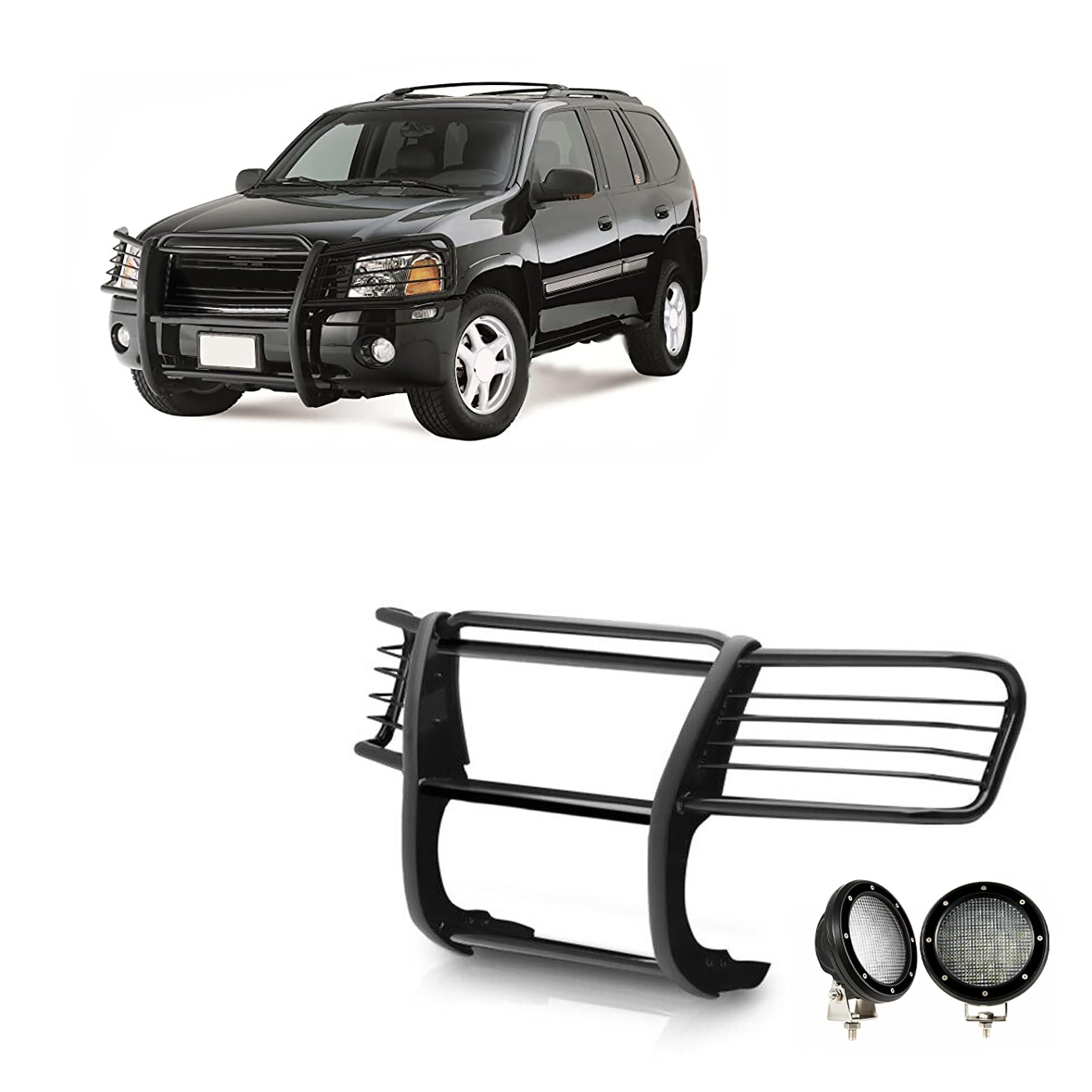 Bumper Guard Black Horse Grille Brush Modular Come with Pair of 5.3" Dia.LED Lights with Black Trim Rings Compatible with 2002-2006 GMC Envoy|2002-2006 GMC Envoy XL-17GD26MA-PLFB