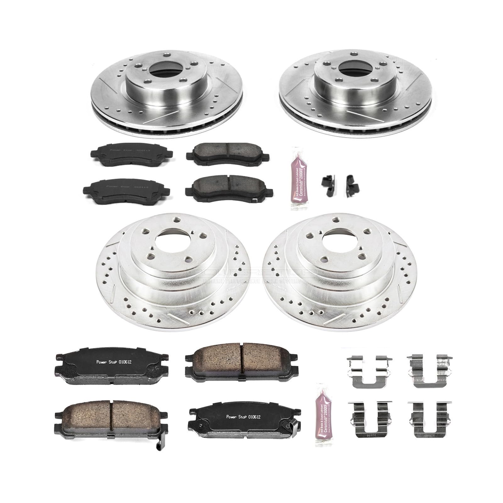 Power Stop K446 Z23 Carbon Fiber Brake Pads Front and Rear with Drilled & Slotted Brake Rotors Kit For Subaru Legacy 1997-1999 [Model Specific]
