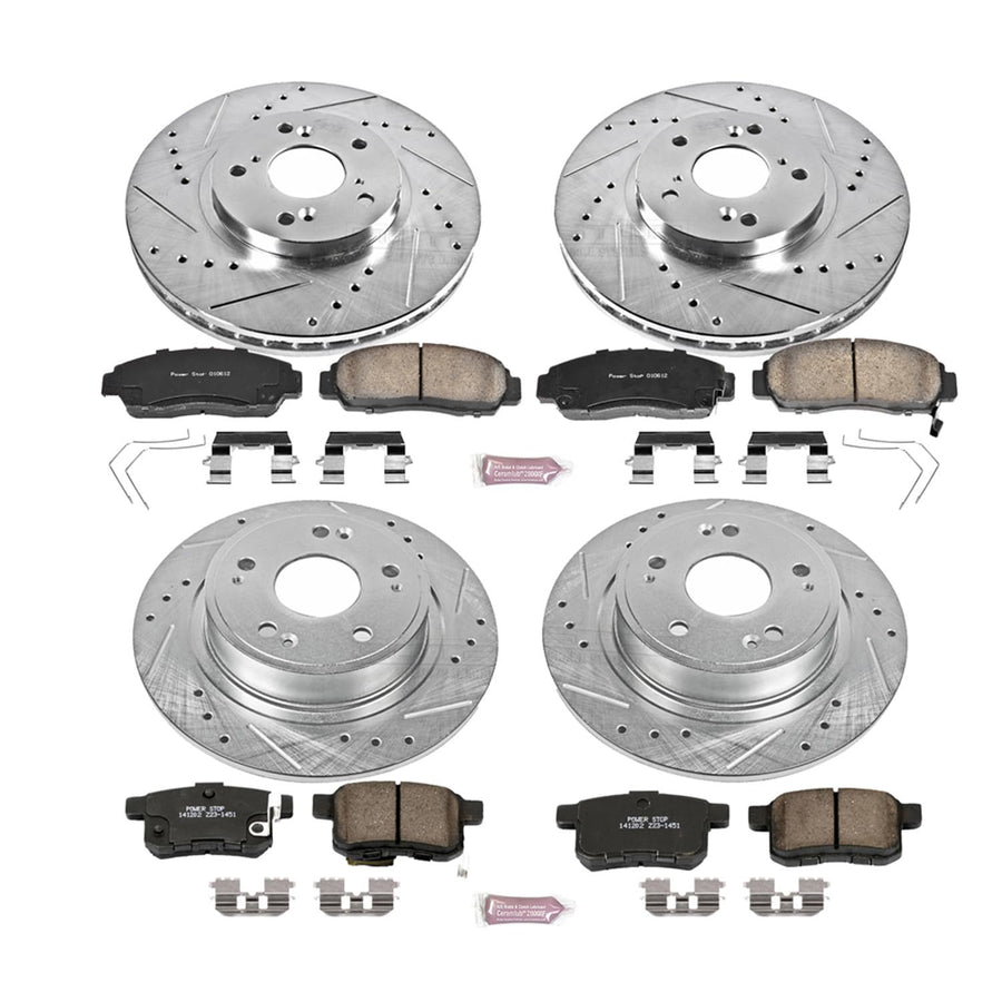 Power Stop K5391 Z23 Carbon Fiber Brake Pads Front and Rear with Drilled and Slotted Brake Rotors Kit For 2011 2012 2013 2014 Acura TSX | 2011 2012 Honda Accord EX EX-L