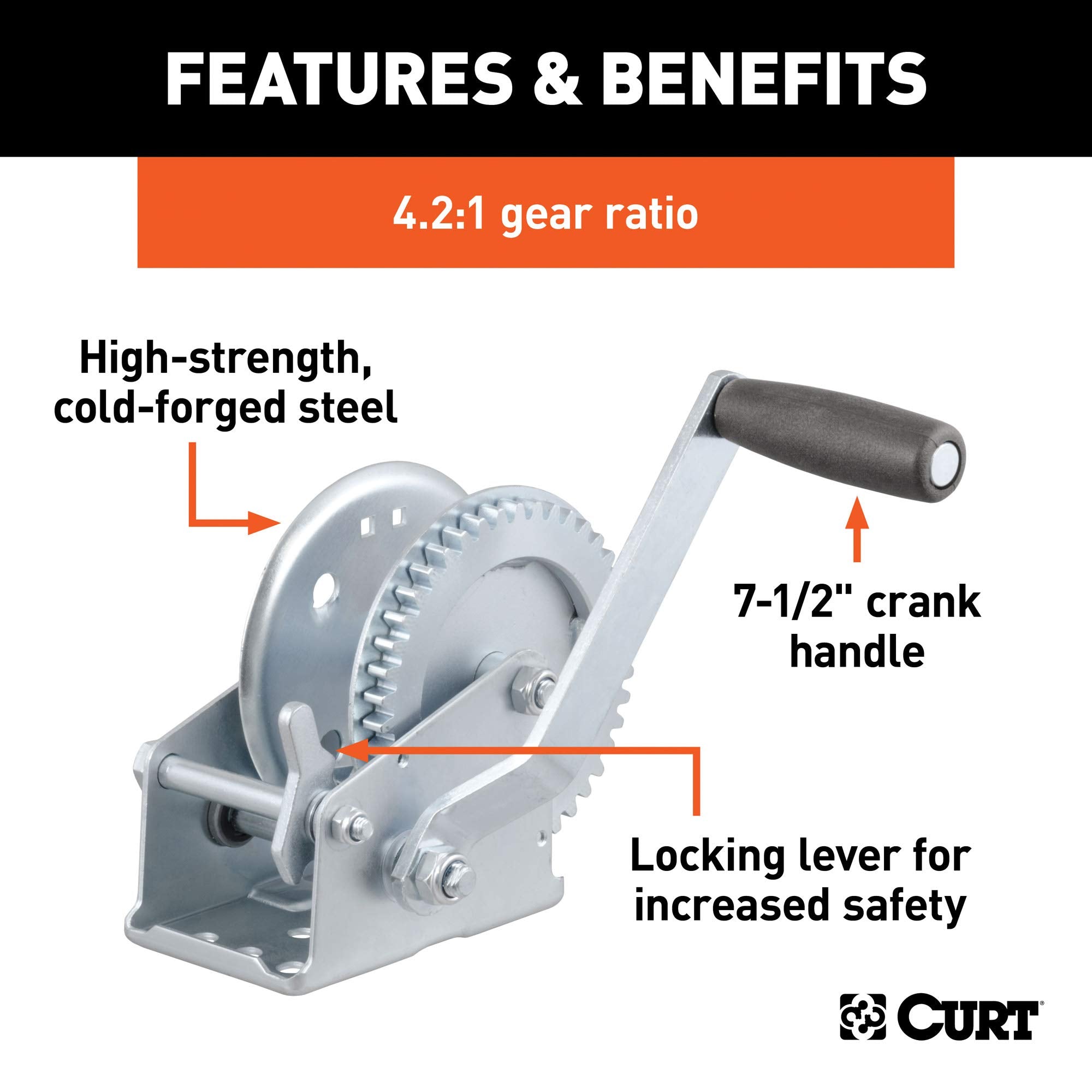 CURT Manual Hand Crank Boat Trailer Winch, 1,200 lbs Capacity, 7-1/2-Inch Handle, 4.2:1 Gear Ratio