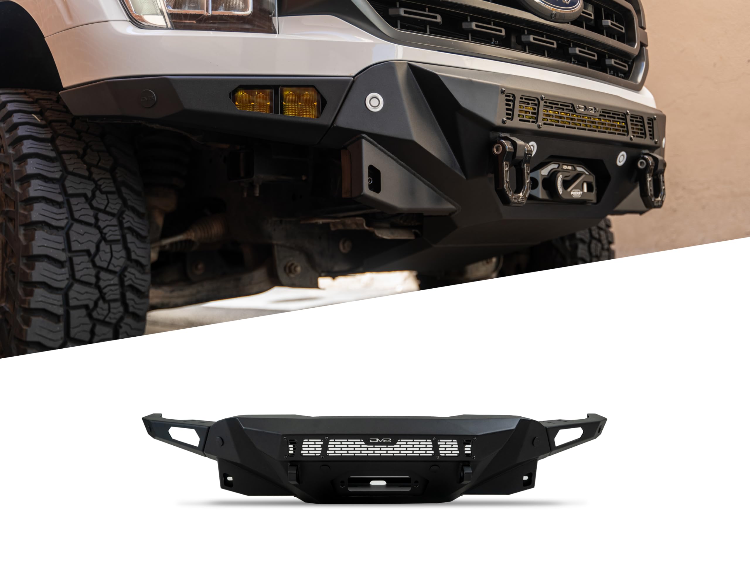 Offroad DV8 Spec Series Front Bumper for 2021-2023 Ford F-150 | Improves Ground Clearance | Heavy-Duty Winch Mount | 20" Dual or Single Row Light Bar Mount | Pair of 3" Pod Light Mounts | Steel