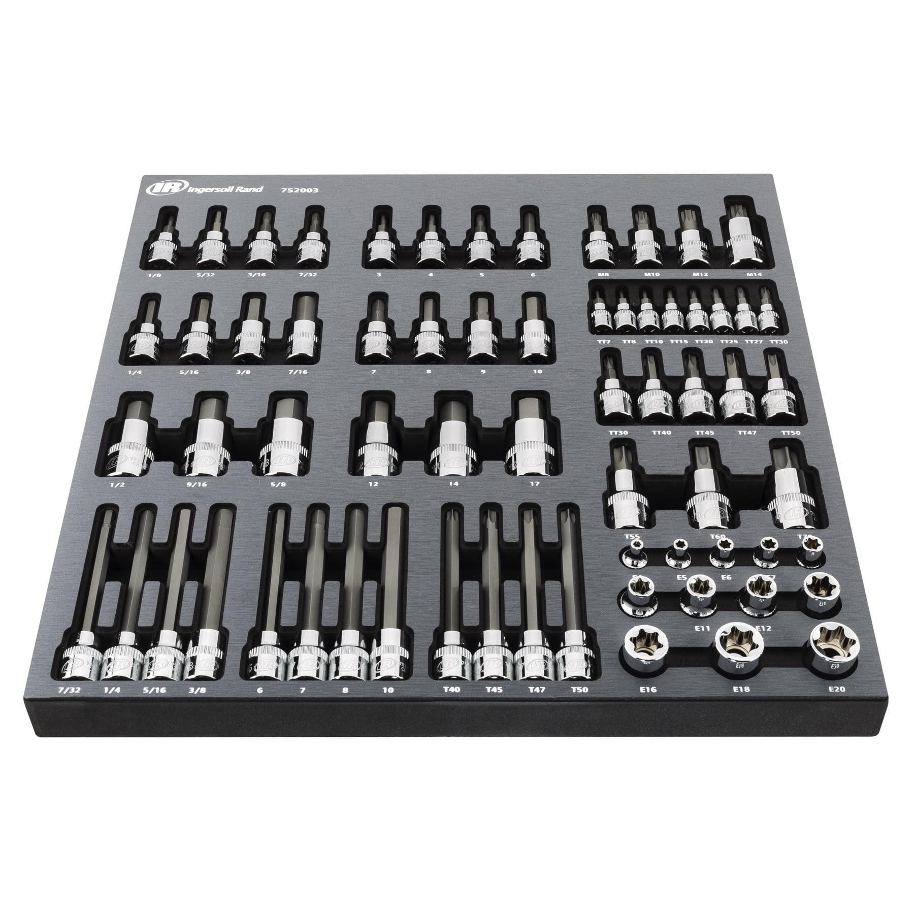 Ingersoll Rand Master 66-Piece Torx and Specialty Bit Socket Set – S2 Steel Bits, Chrome Vanadium Socket Bodies, Vertical Knurling, EVA Tray with Size Markings – 752003