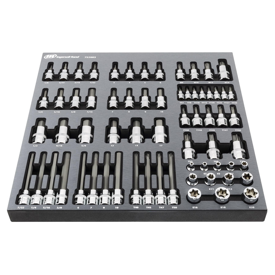 Ingersoll Rand Master 66-Piece Torx and Specialty Bit Socket Set – S2 Steel Bits, Chrome Vanadium Socket Bodies, Vertical Knurling, EVA Tray with Size Markings – 752003