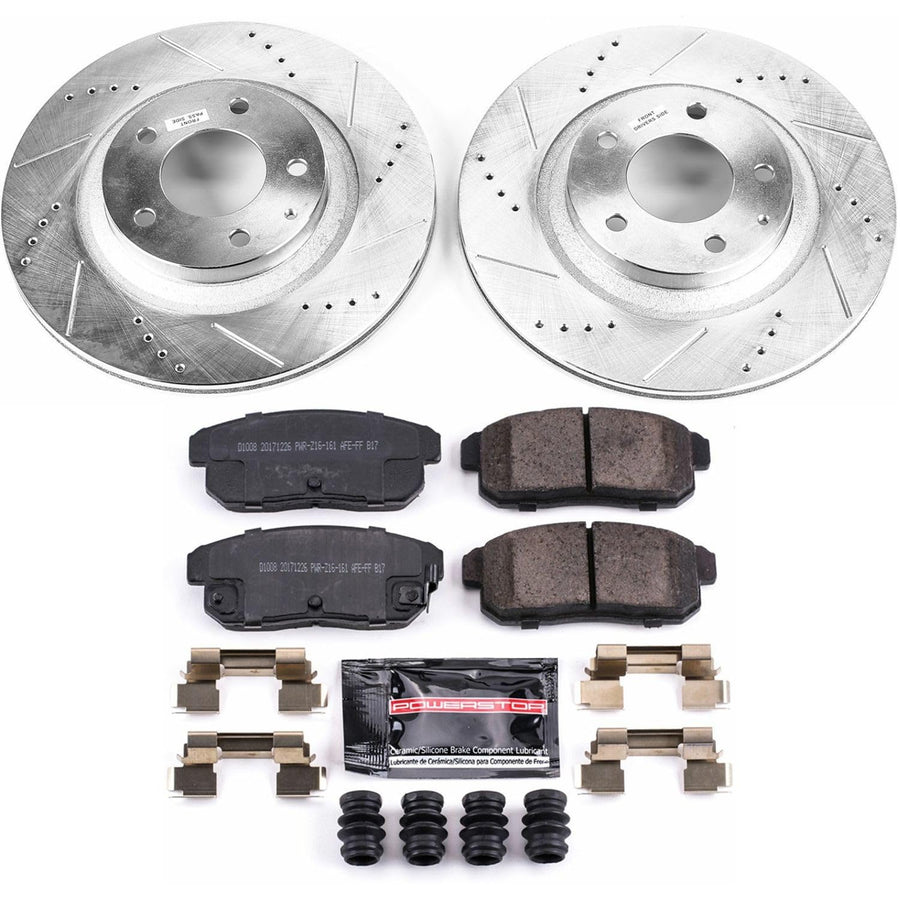 Rear Power Stop K3146 Z23 Carbon Fiber Brake Pads with Drilled & Slotted Brake Rotors Kit For Mazda RX-8 2004-2011 [Model Specific]