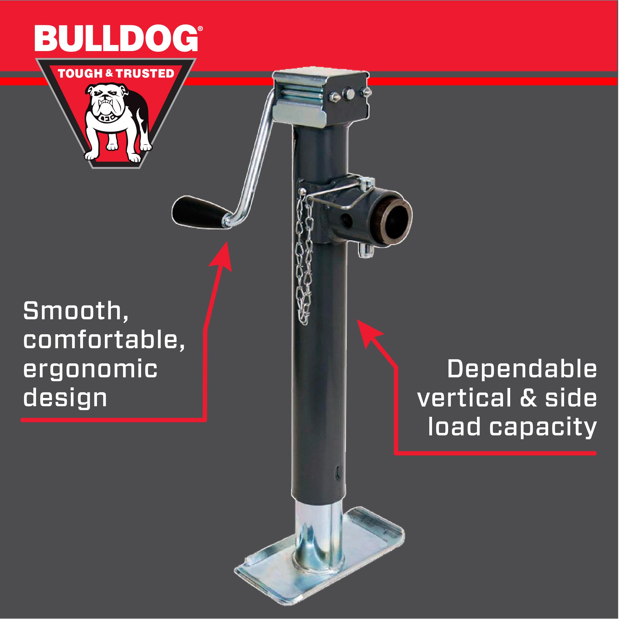 178203 Bulldog Round Trailer Jack, Side Mount, 5,000 lbs. Lift Capacity, Sidewind, Weld-On, Includes Footplate, 15 Inch Travel