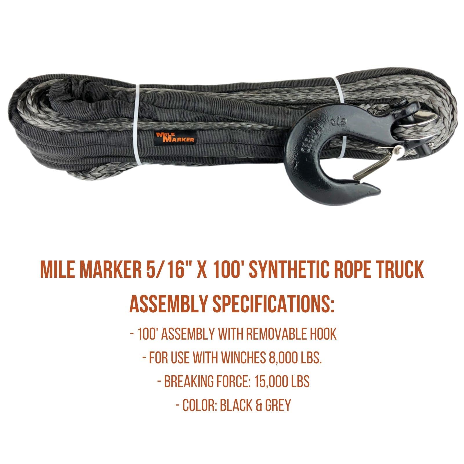Single 19-52516-100C Mile Marker Black & Grey 5/16" x 50' Synthetic Rope Truck Assembly with Removable Hook for 8,000 lbs. - Breaking Force of 15,000 lbs.
