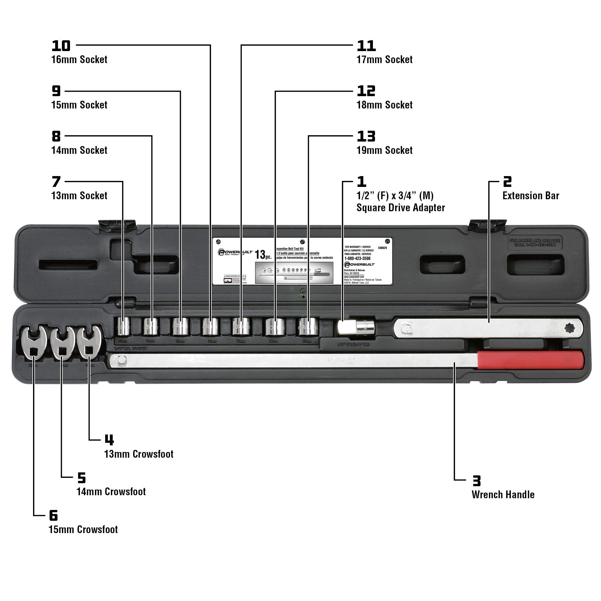 Powerbuilt Tool Set Serpentine Belt, Remove and Install Car Vehicle Serpentine Belts, for Spring-Loaded, Accessories and Storage Case Included - 648629,Silver