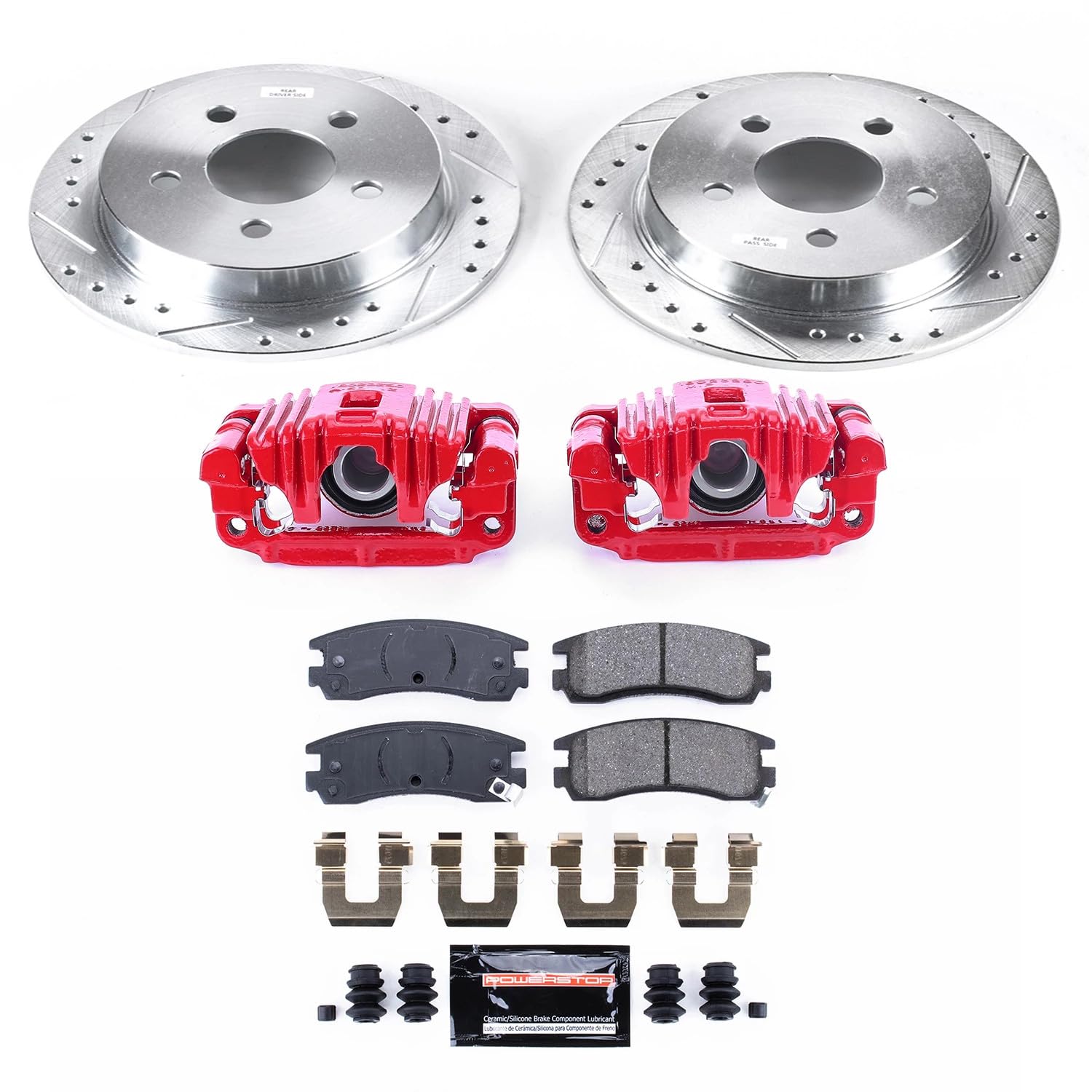 Power Stop Z23 Evolution Sport Rear Caliper Brake Kit-Drilled/Slotted Rotors, Brake Pads Carbon Ceramic, Calipers