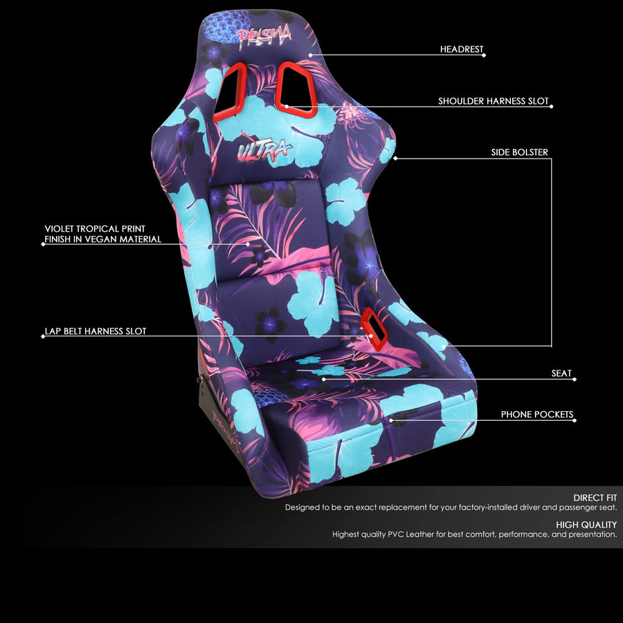 NRG Innovations Prisma FRP-302-PINA Fixed Back Bucket Racing Seat with Bottom Mount Bracket, Invert Tropical Print/Purple Sparkled Paint Back